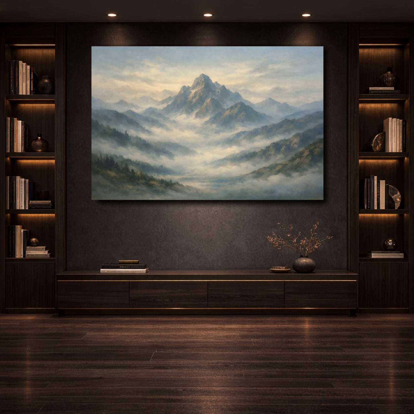 Mockup 3. Nature Mountain Range Misty Mountain Blue shown as stretched canvas wall art