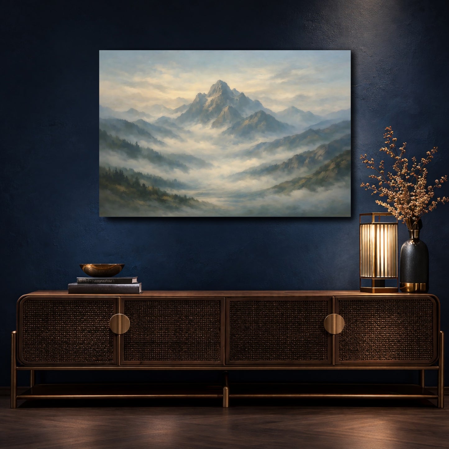 Mockup 4. Nature Mountain Range Misty Mountain Blue shown as stretched canvas wall art