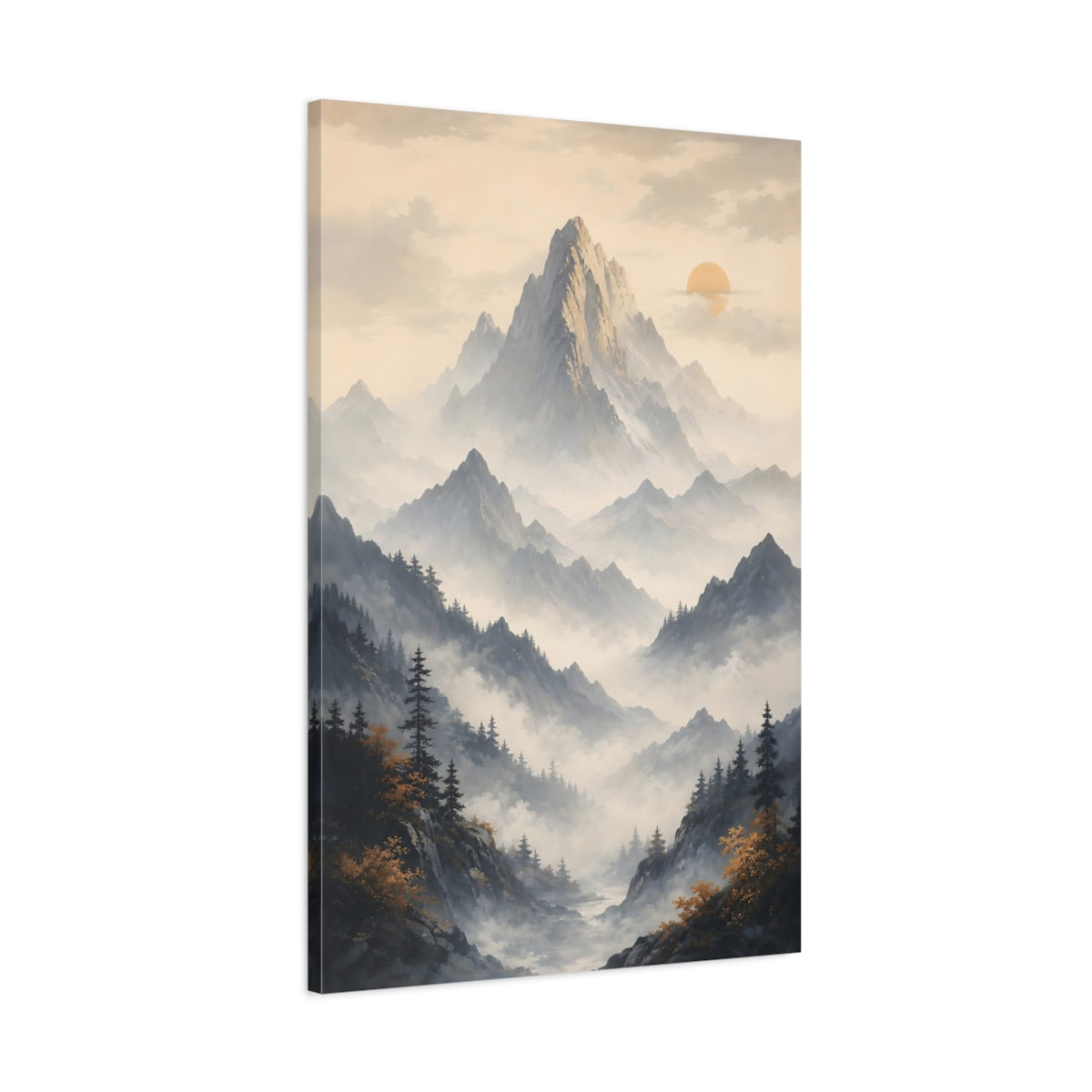 Main Mockup. Nature Mountain Range Misty Mountain shown as stretched canvas wall art