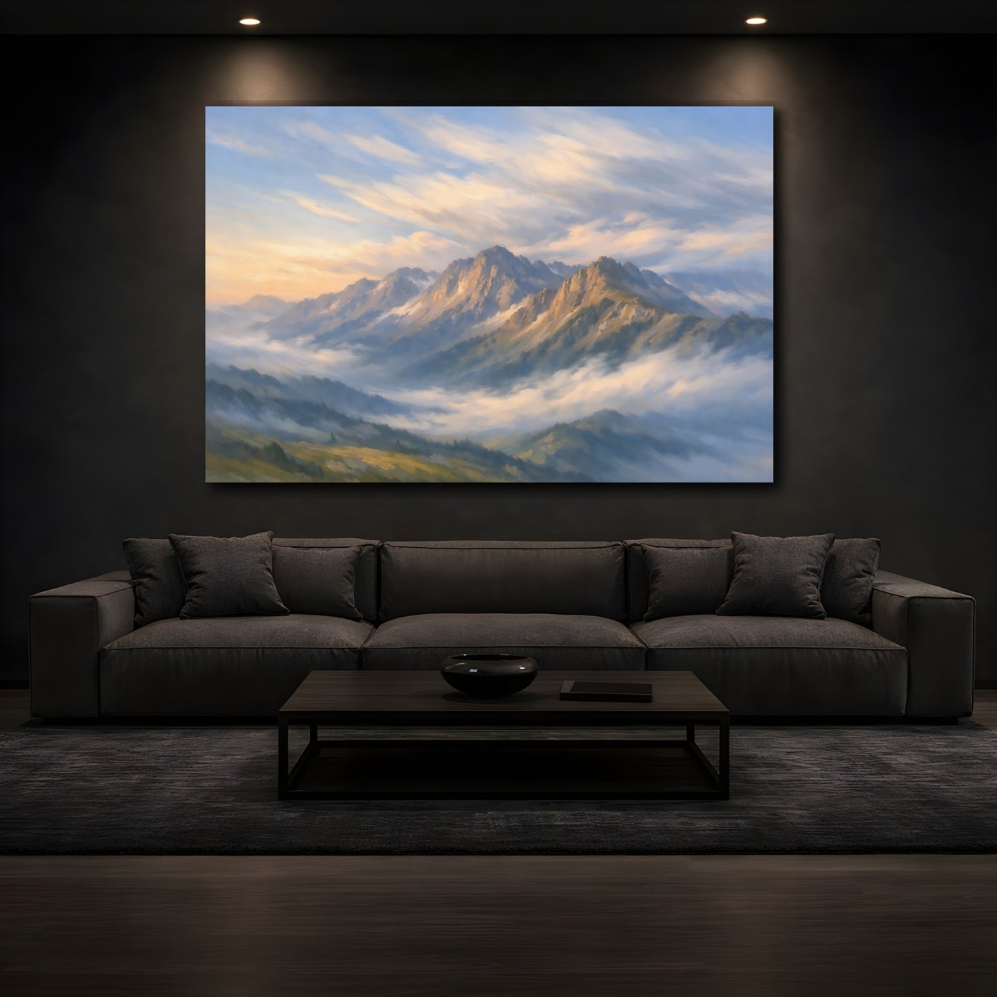 Mockup 2. Nature Mountain Range Misty Mountain Landscape shown as stretched canvas wall art