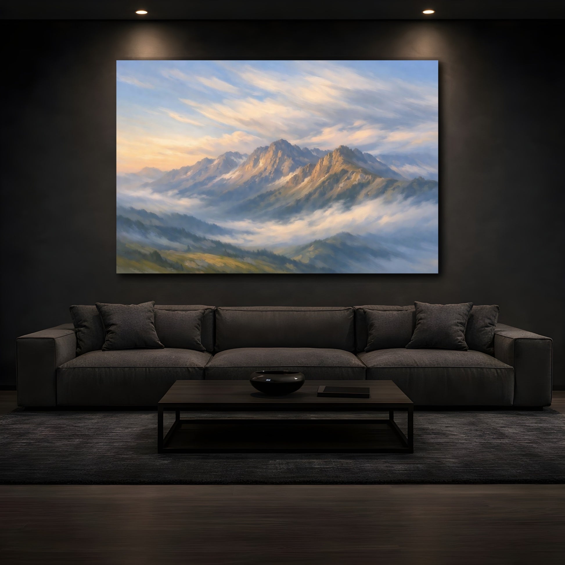 Mockup 2. Nature Mountain Range Misty Mountain Landscape shown as stretched canvas wall art
