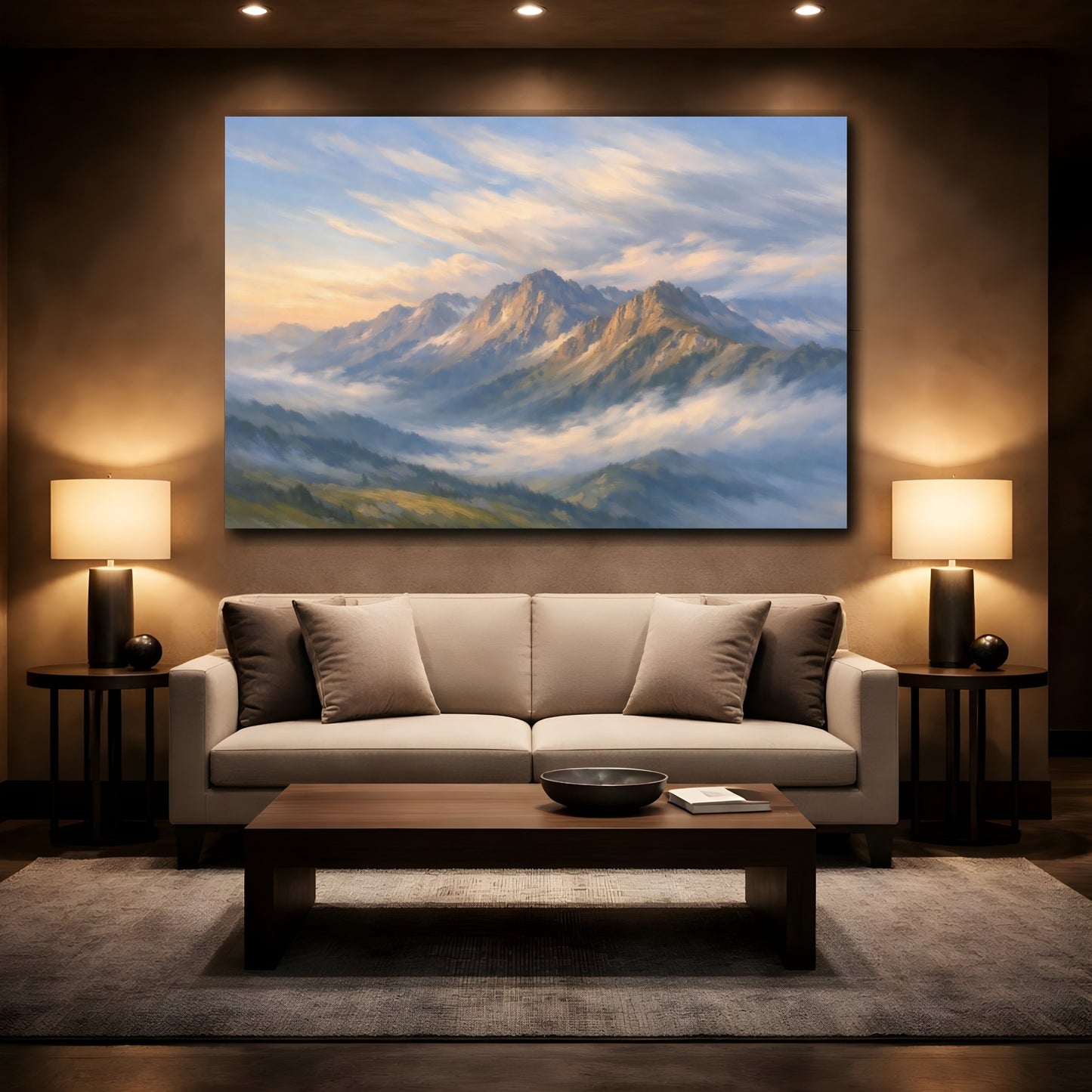 Mockup 3. Nature Mountain Range Misty Mountain Landscape shown as stretched canvas wall art