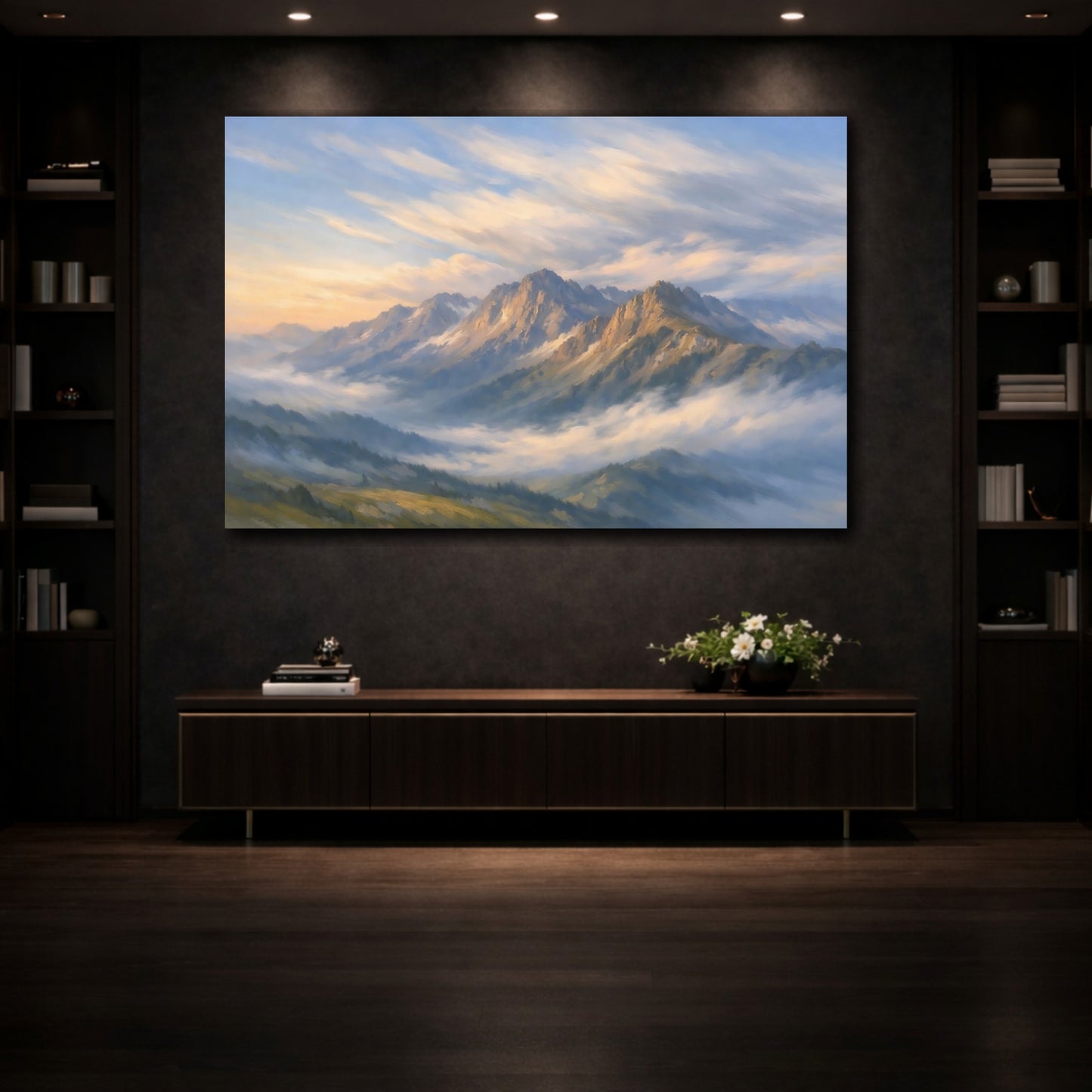 Mockup 4. Nature Mountain Range Misty Mountain Landscape shown as stretched canvas wall art