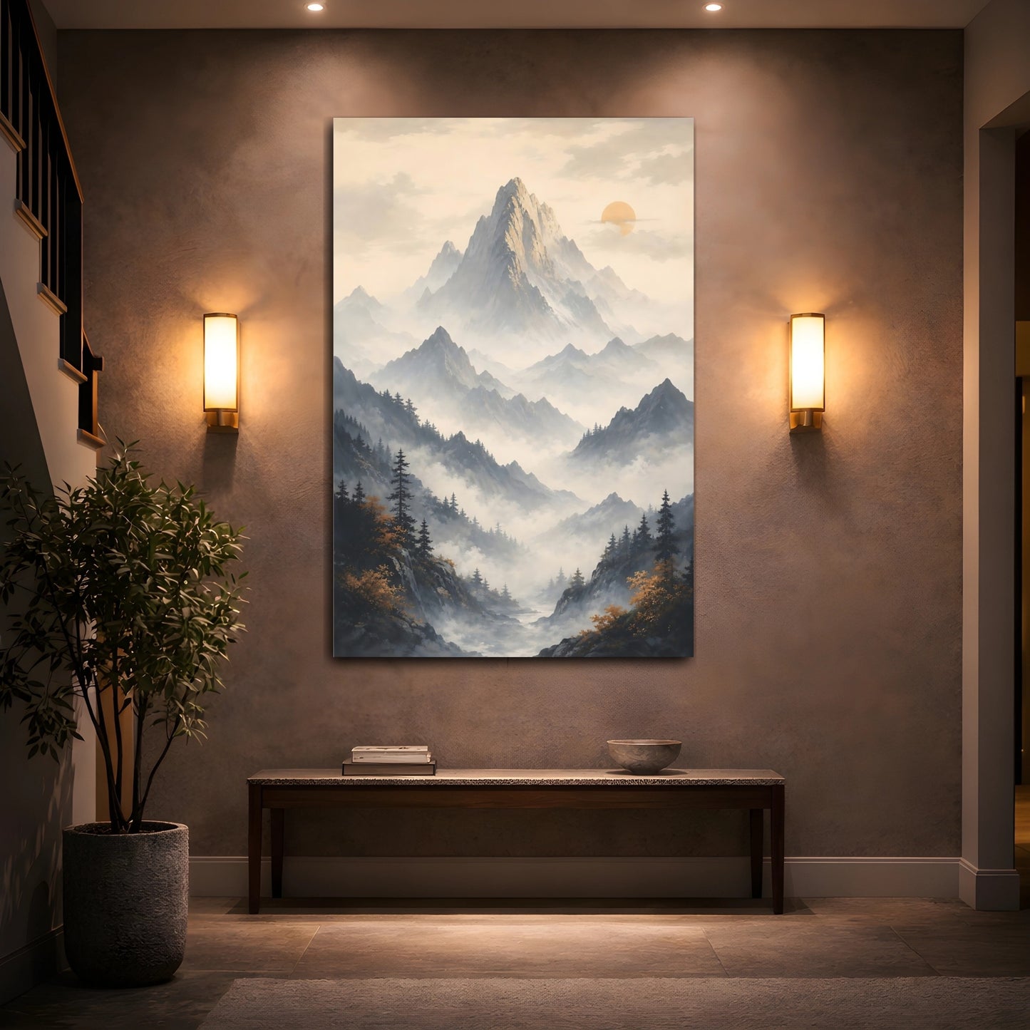 Mockup 2. Nature Mountain Range Misty Mountain shown as stretched canvas wall art