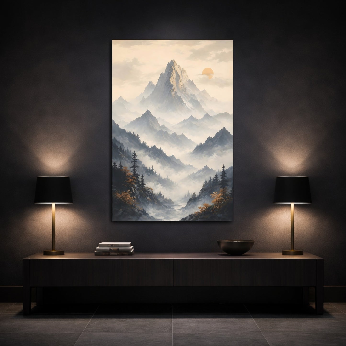 Mockup 3. Nature Mountain Range Misty Mountain shown as stretched canvas wall art
