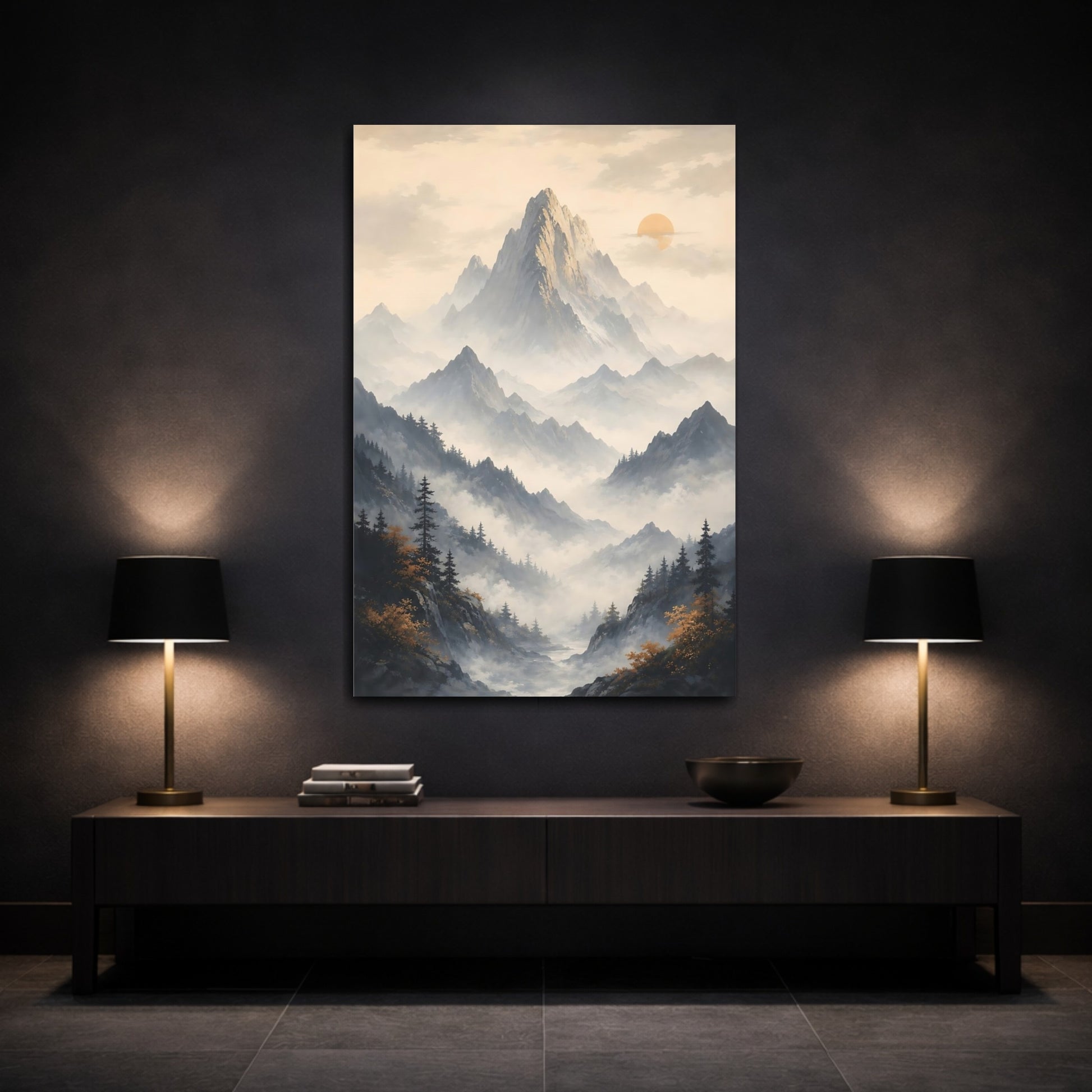 Mockup 3. Nature Mountain Range Misty Mountain shown as stretched canvas wall art