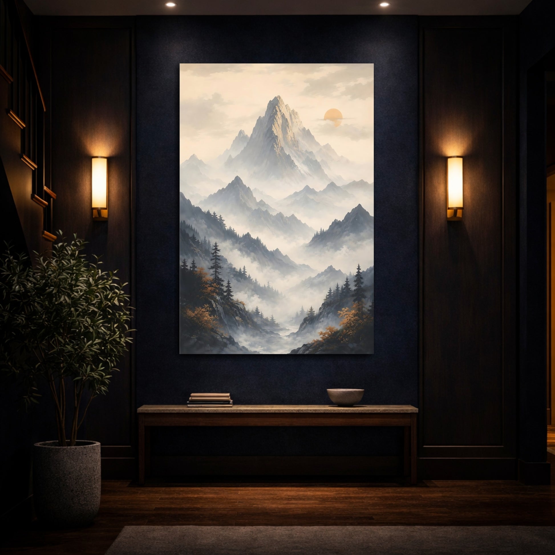 Mockup 4. Nature Mountain Range Misty Mountain shown as stretched canvas wall art