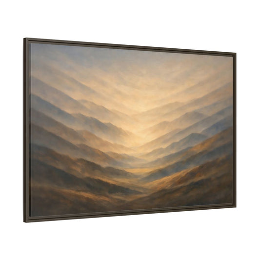 Main Mockup. Nature Mountain Range Misty Valley shown as stretched canvas wall art