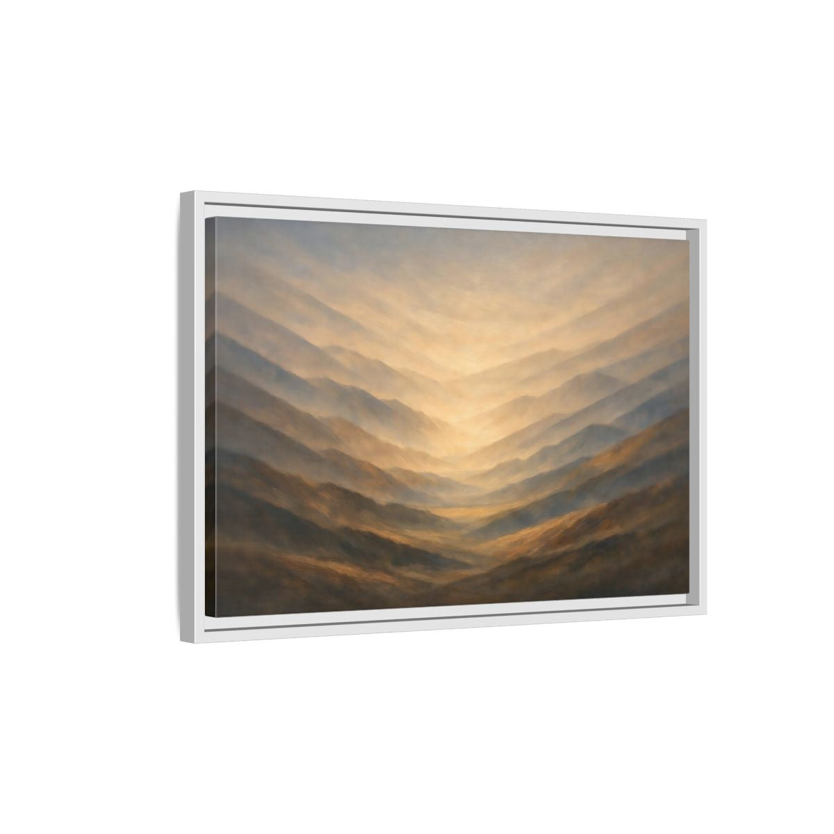 Side Mockup 1. Nature Mountain Range Misty Valley shown as stretched canvas wall art