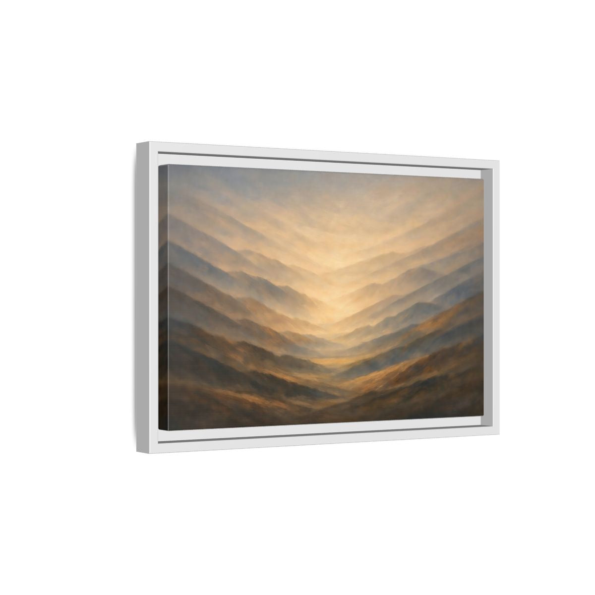 Side Mockup 4. Nature Mountain Range Misty Valley shown as stretched canvas wall art