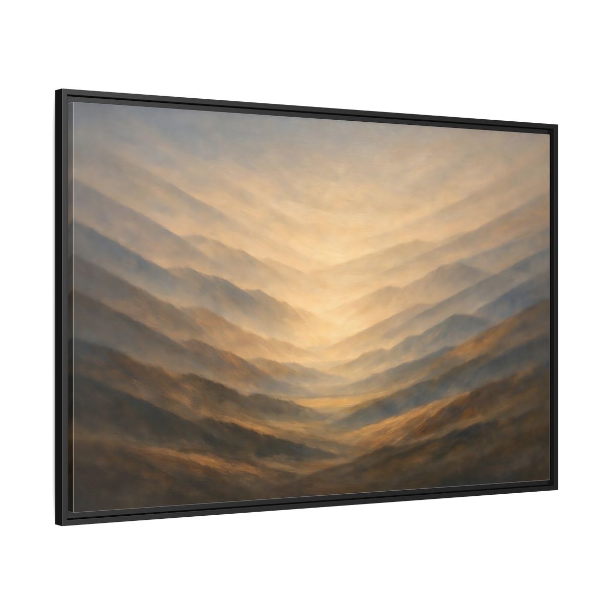 Side Mockup 12. Nature Mountain Range Misty Valley shown as stretched canvas wall art