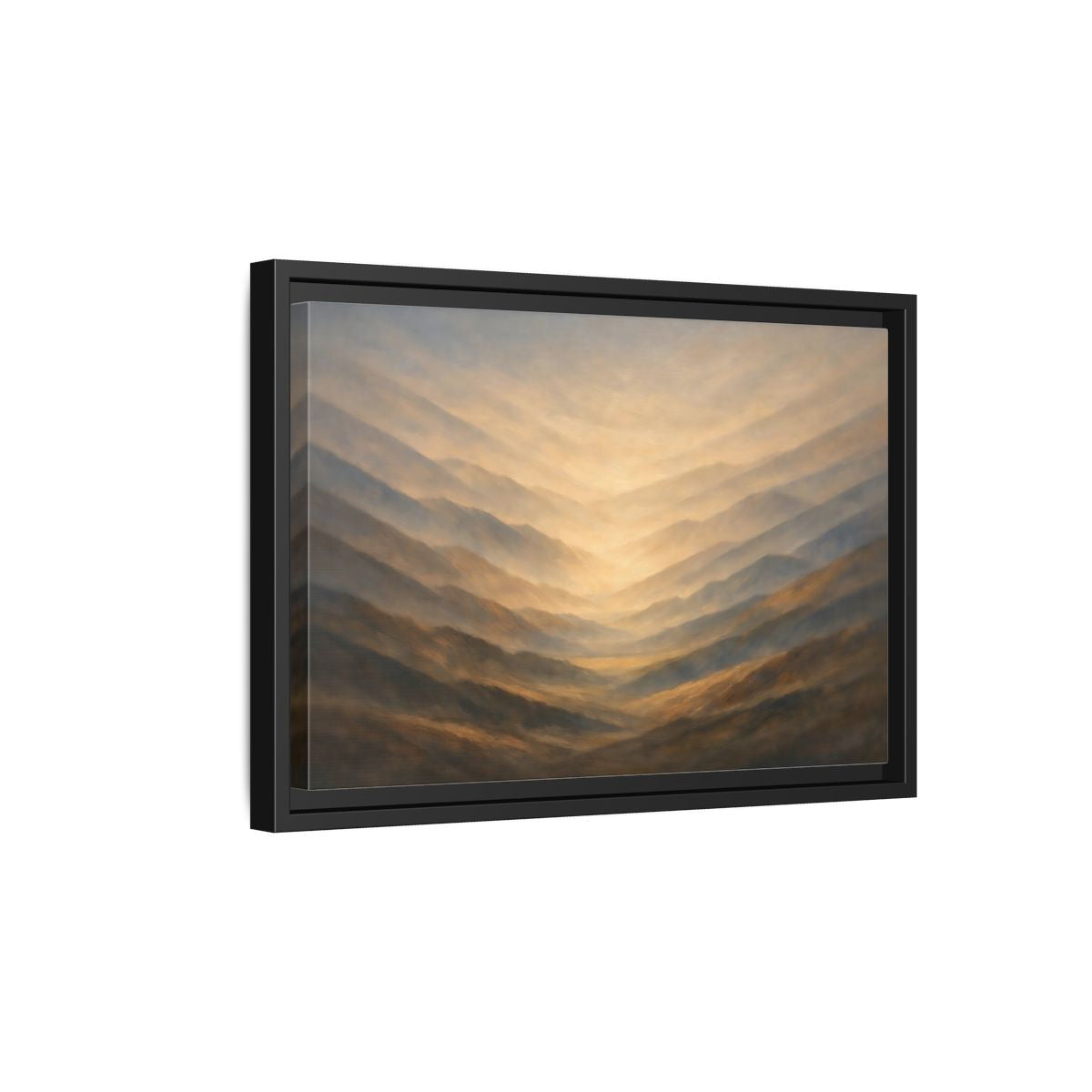 Side Mockup 6. Nature Mountain Range Misty Valley shown as stretched canvas wall art