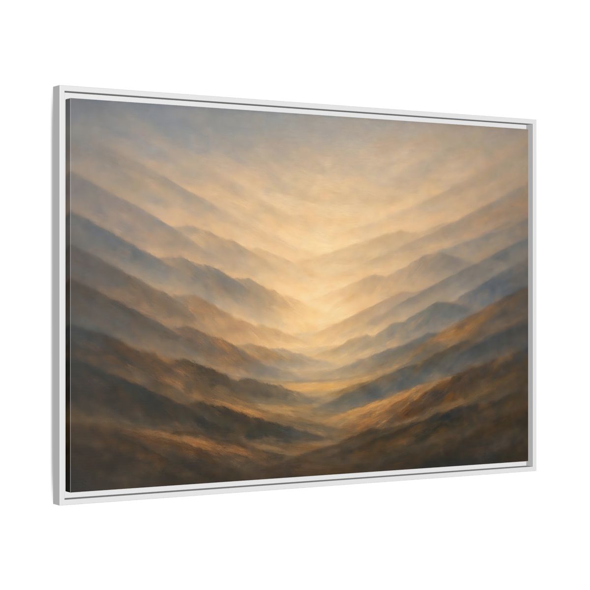 Side Mockup 7. Nature Mountain Range Misty Valley shown as stretched canvas wall art