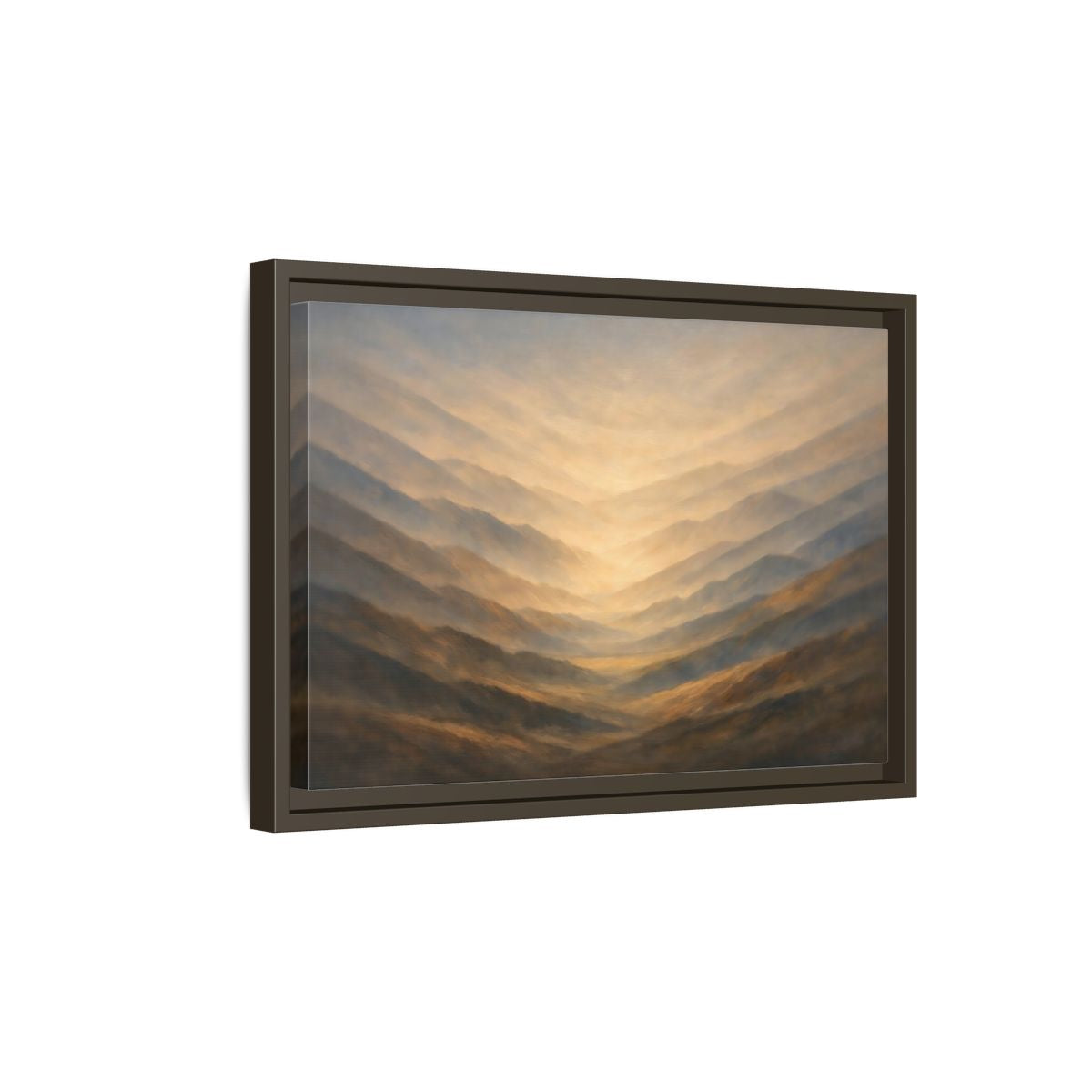 Side Mockup 5. Nature Mountain Range Misty Valley shown as stretched canvas wall art