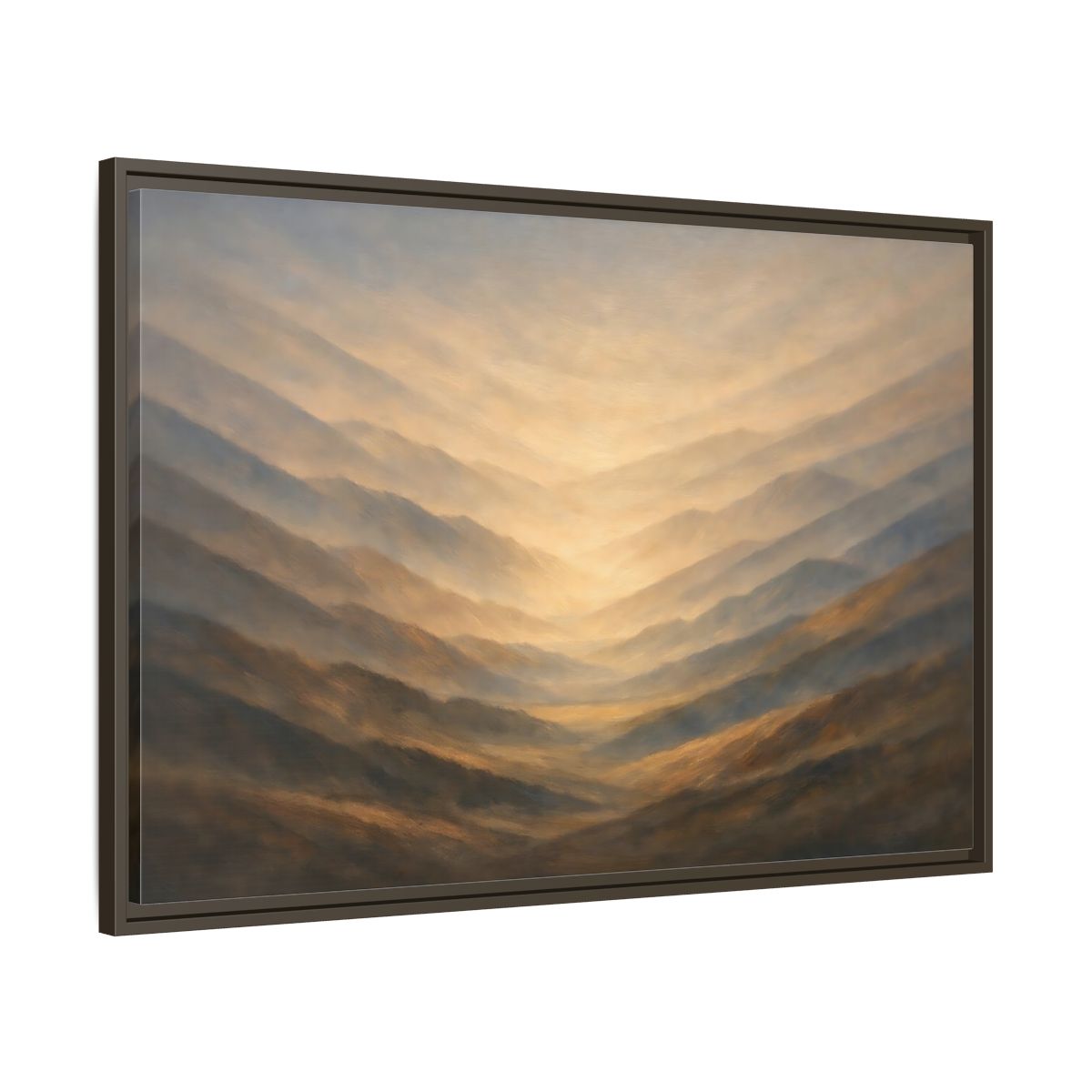 Side Mockup 9. Nature Mountain Range Misty Valley shown as stretched canvas wall art