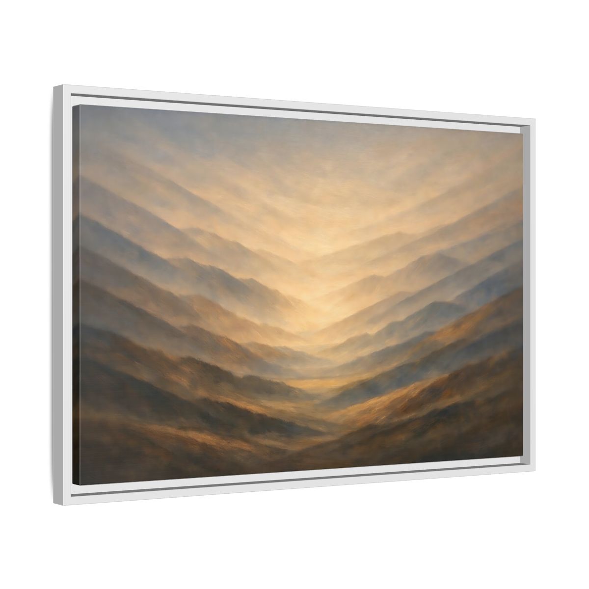 Side Mockup 10. Nature Mountain Range Misty Valley shown as stretched canvas wall art