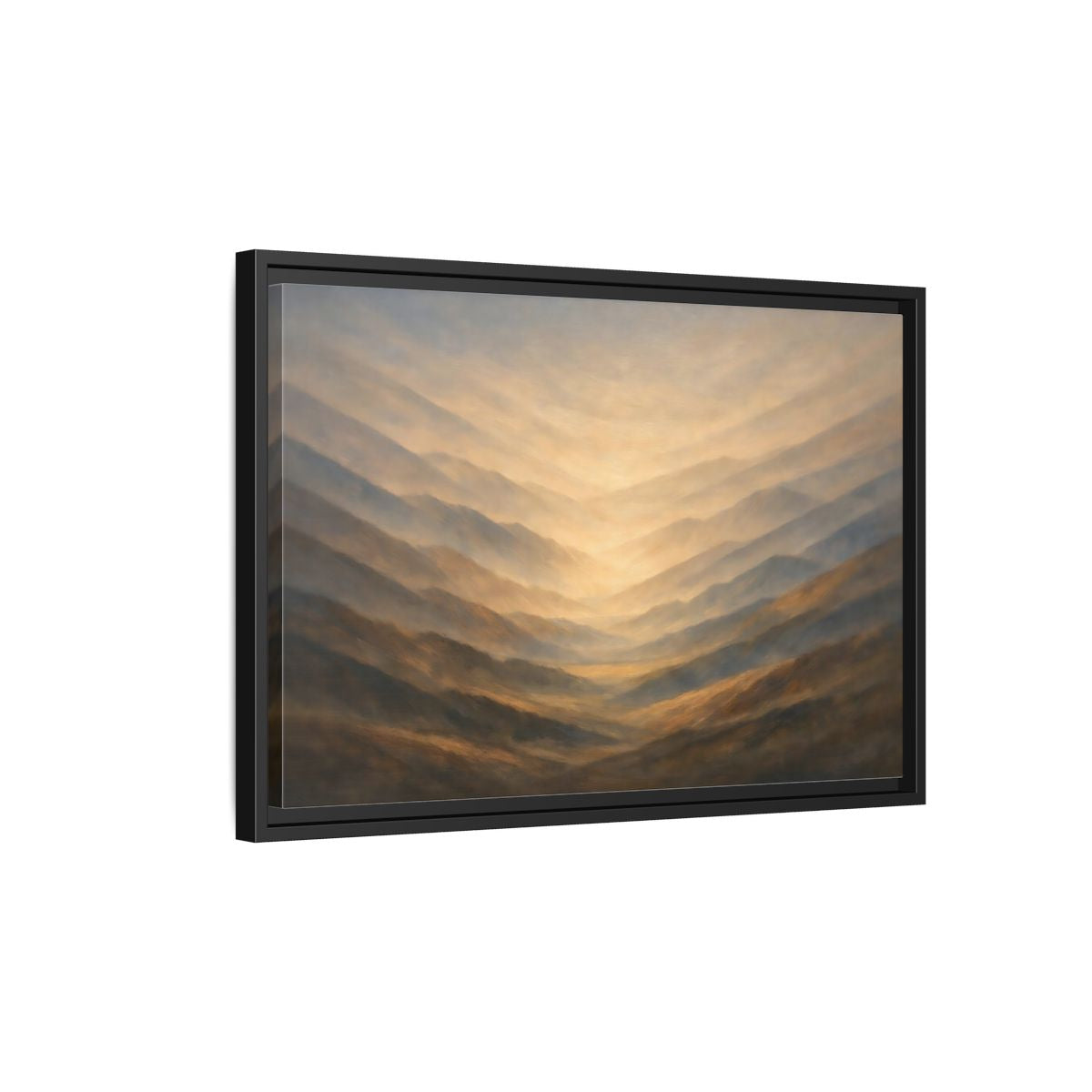 Side Mockup 3. Nature Mountain Range Misty Valley shown as stretched canvas wall art