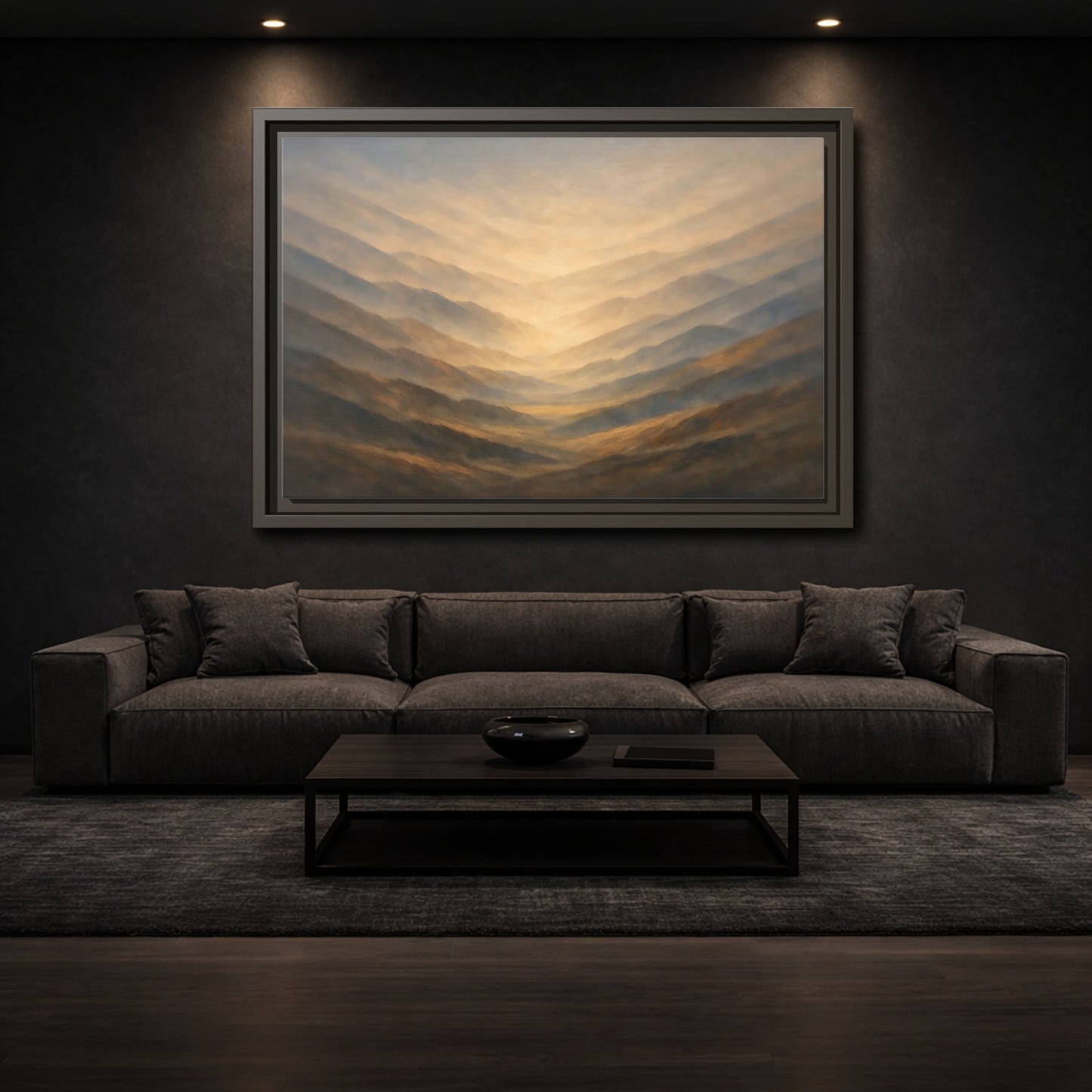 Mockup 2. Nature Mountain Range Misty Valley shown as stretched canvas wall art