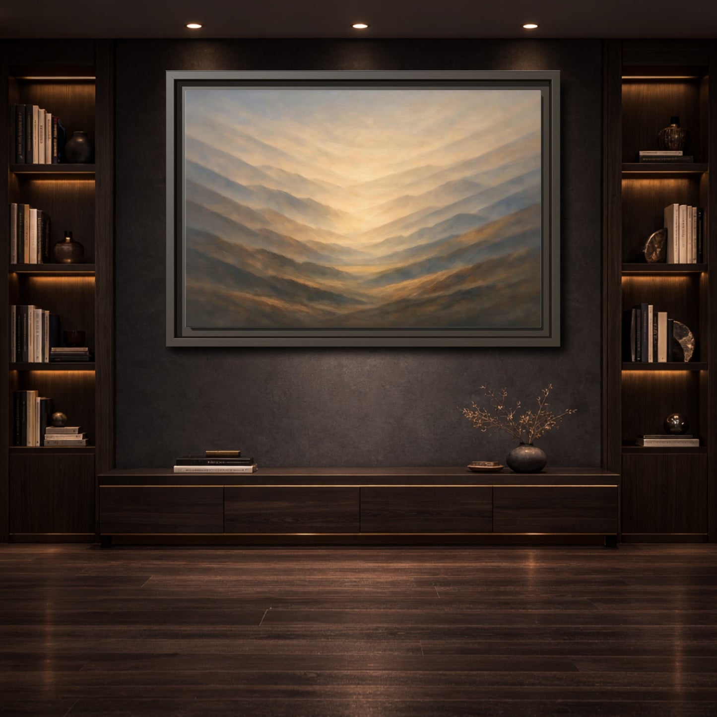 Mockup 3. Nature Mountain Range Misty Valley shown as stretched canvas wall art