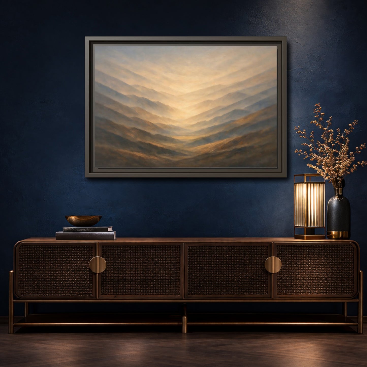 Mockup 4. Nature Mountain Range Misty Valley shown as stretched canvas wall art