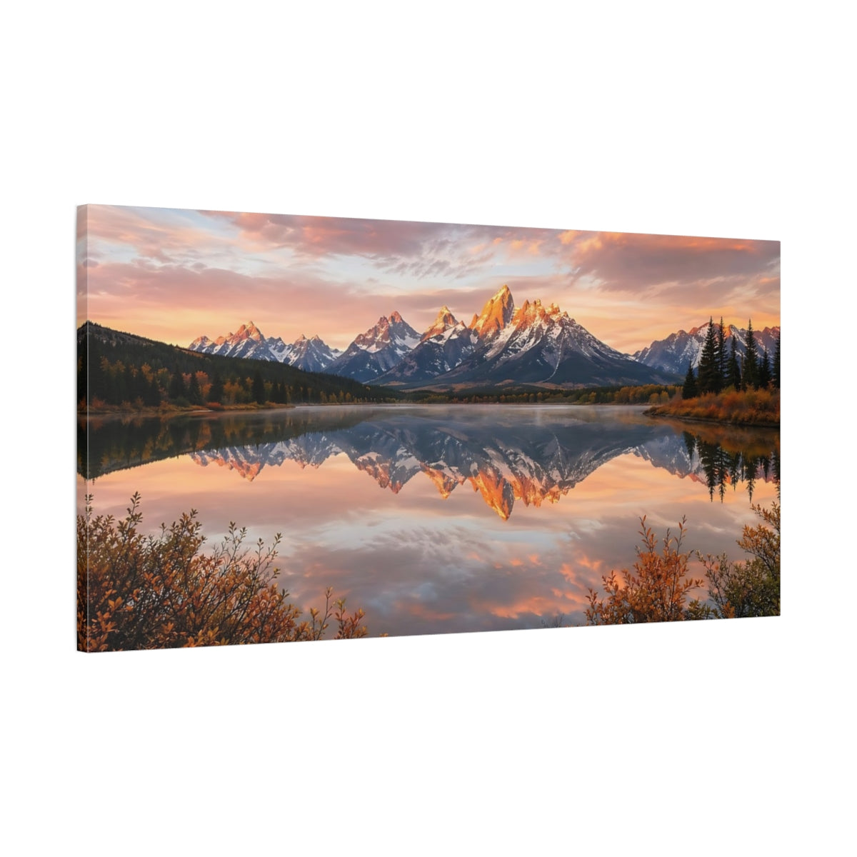Main Mockup. Nature Mountain Range Mountain Lake Sunset shown as stretched canvas wall art