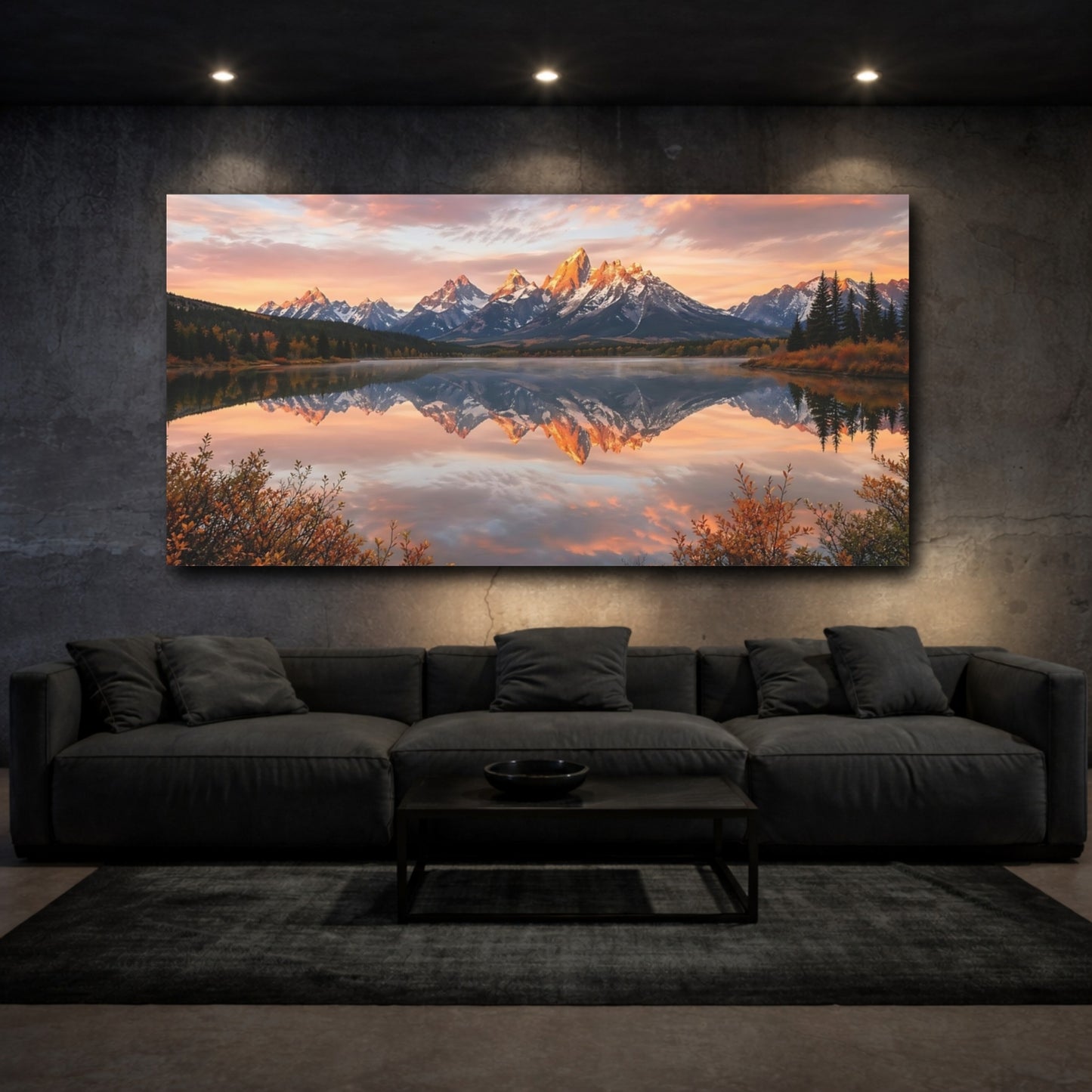 Mockup 2. Nature Mountain Range Mountain Lake Sunset shown as stretched canvas wall art