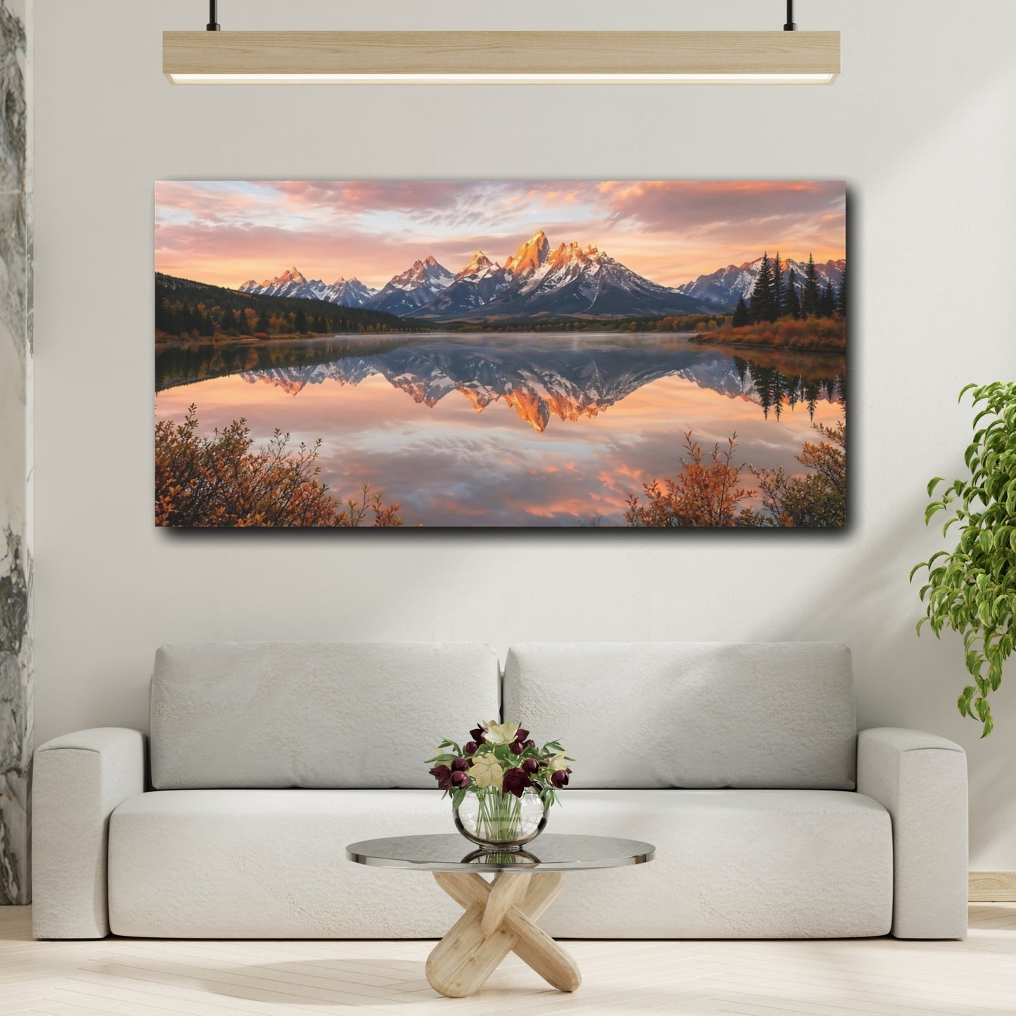 Mockup 3. Nature Mountain Range Mountain Lake Sunset shown as stretched canvas wall art