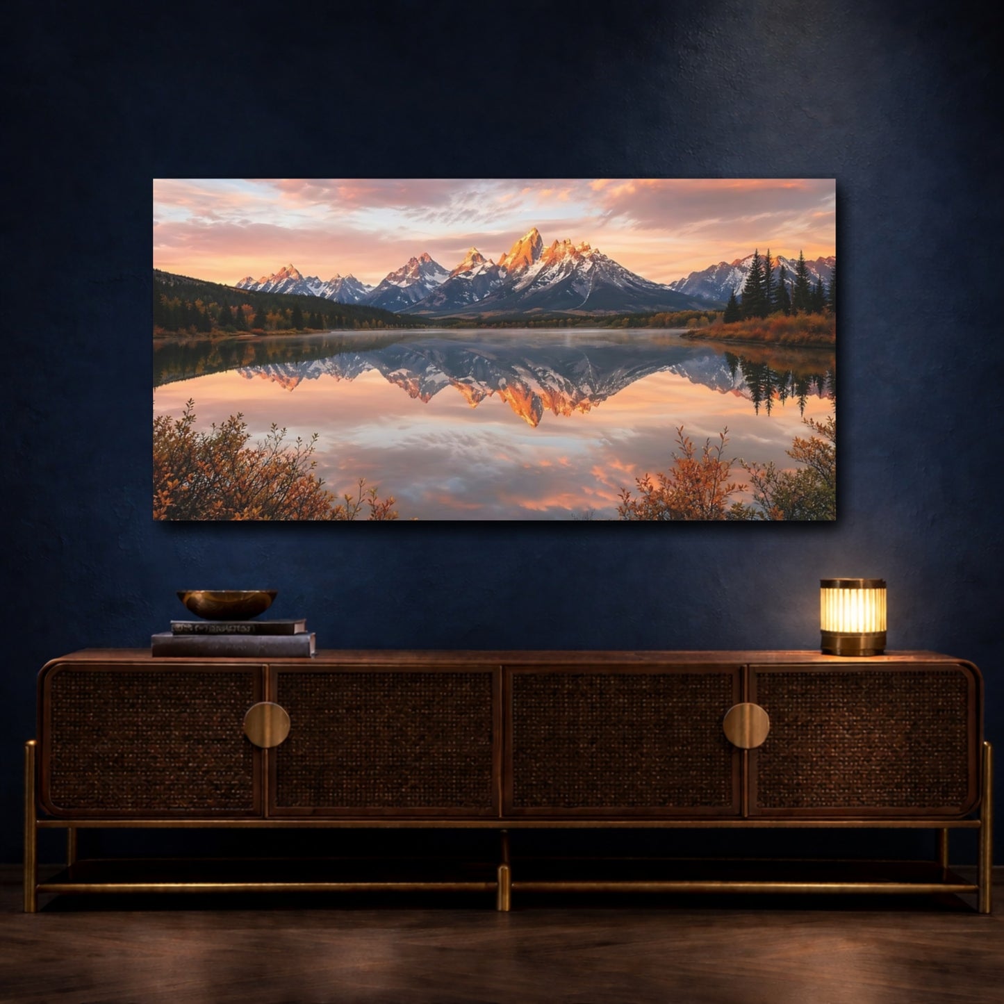 Mockup 4. Nature Mountain Range Mountain Lake Sunset shown as stretched canvas wall art