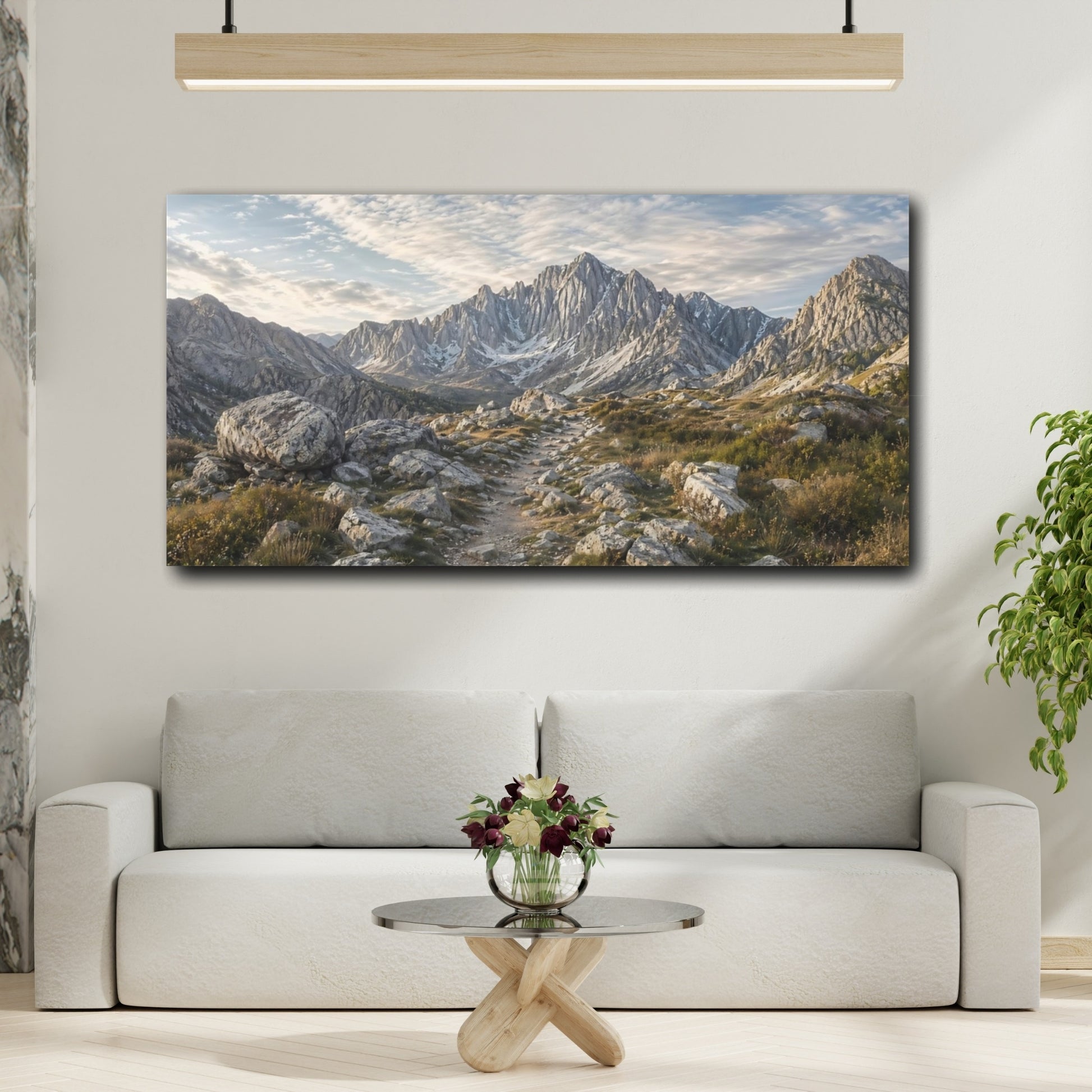 Mockup 3. Nature Mountain Range Mountain Path shown as stretched canvas wall art