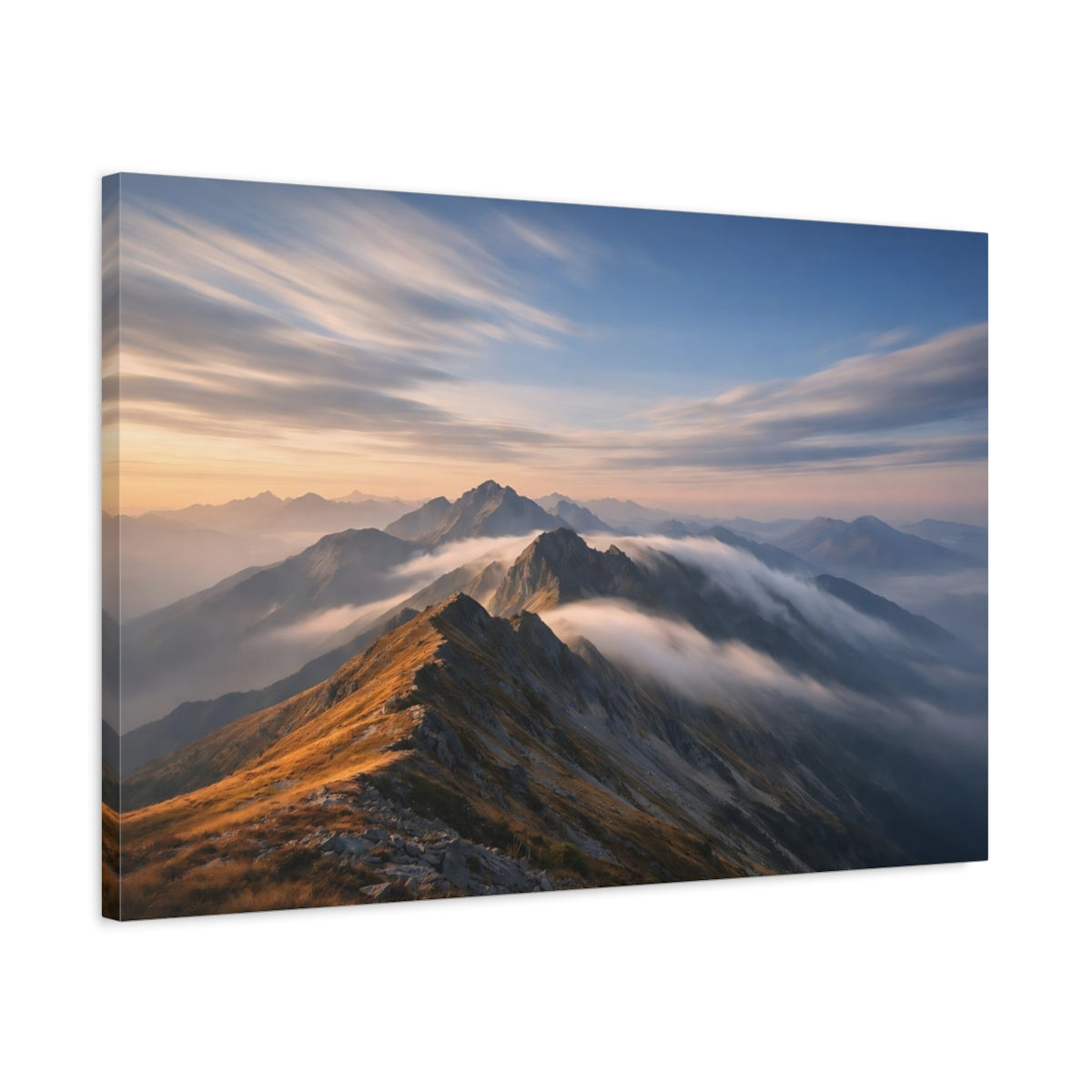 Side Mockup 2. Nature Mountain Range Orange And Blue Mountains shown as stretched canvas wall art