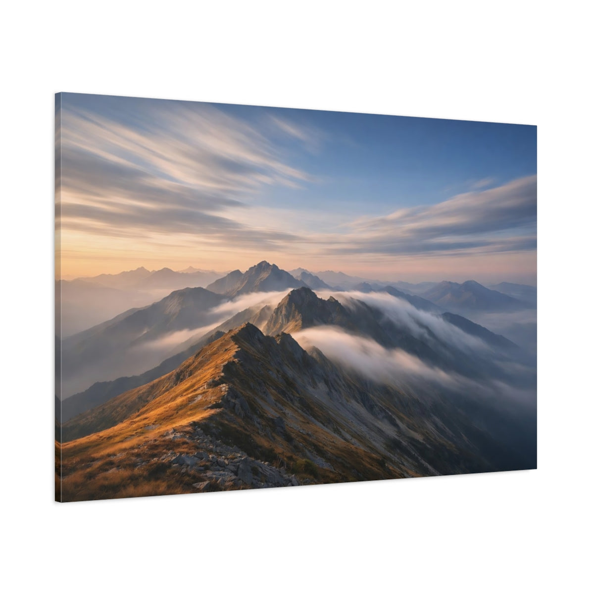 Side Mockup 1. Nature Mountain Range Orange And Blue Mountains shown as stretched canvas wall art