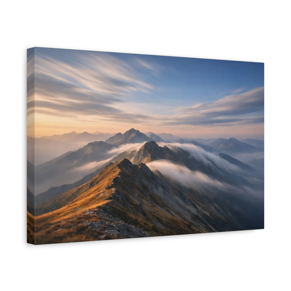 Side Mockup 4. Nature Mountain Range Orange And Blue Mountains shown as stretched canvas wall art