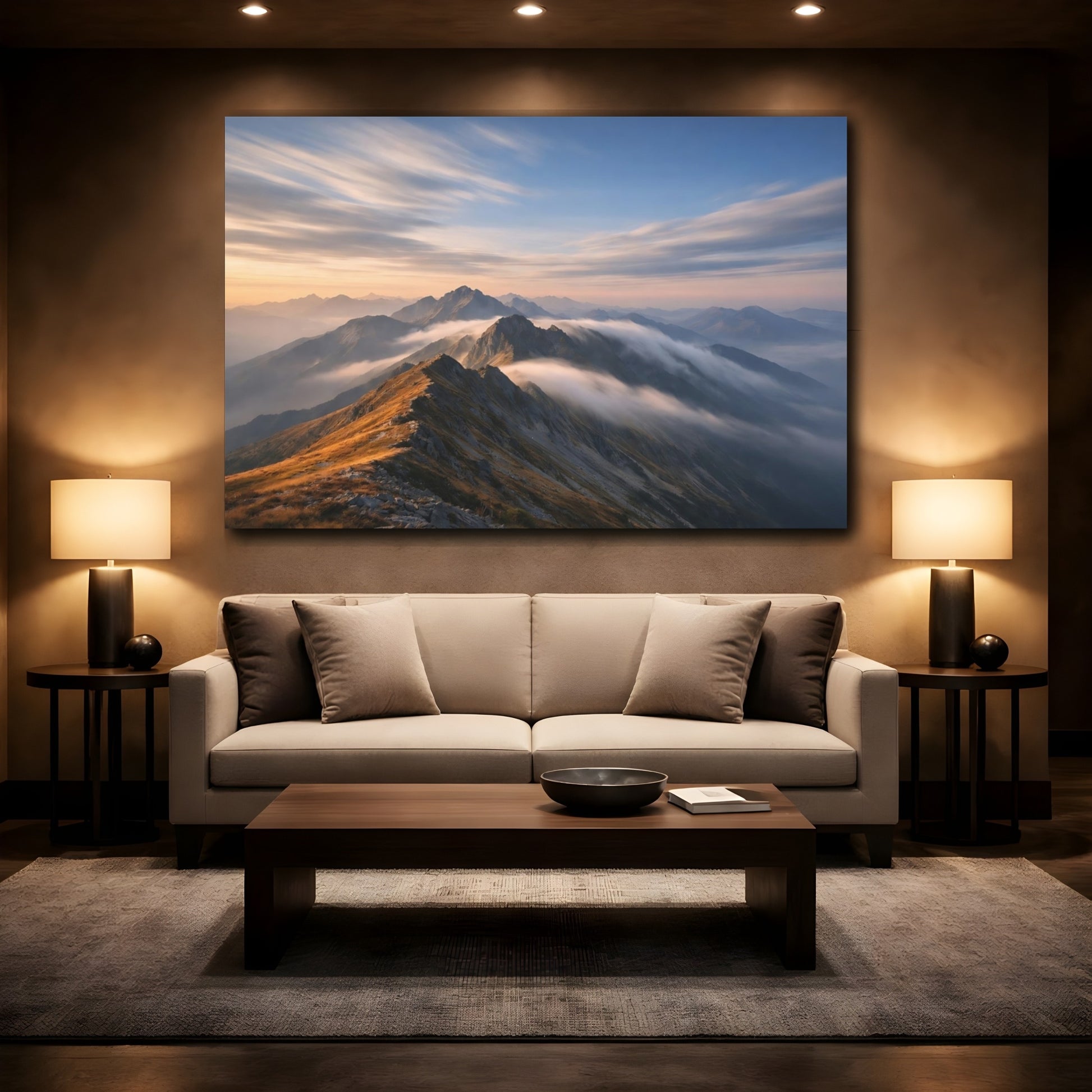 Mockup 2. Nature Mountain Range Orange And Blue Mountains shown as stretched canvas wall art