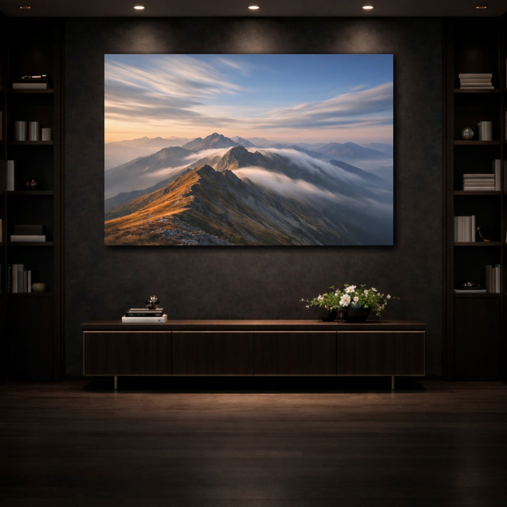Mockup 3. Nature Mountain Range Orange And Blue Mountains shown as stretched canvas wall art
