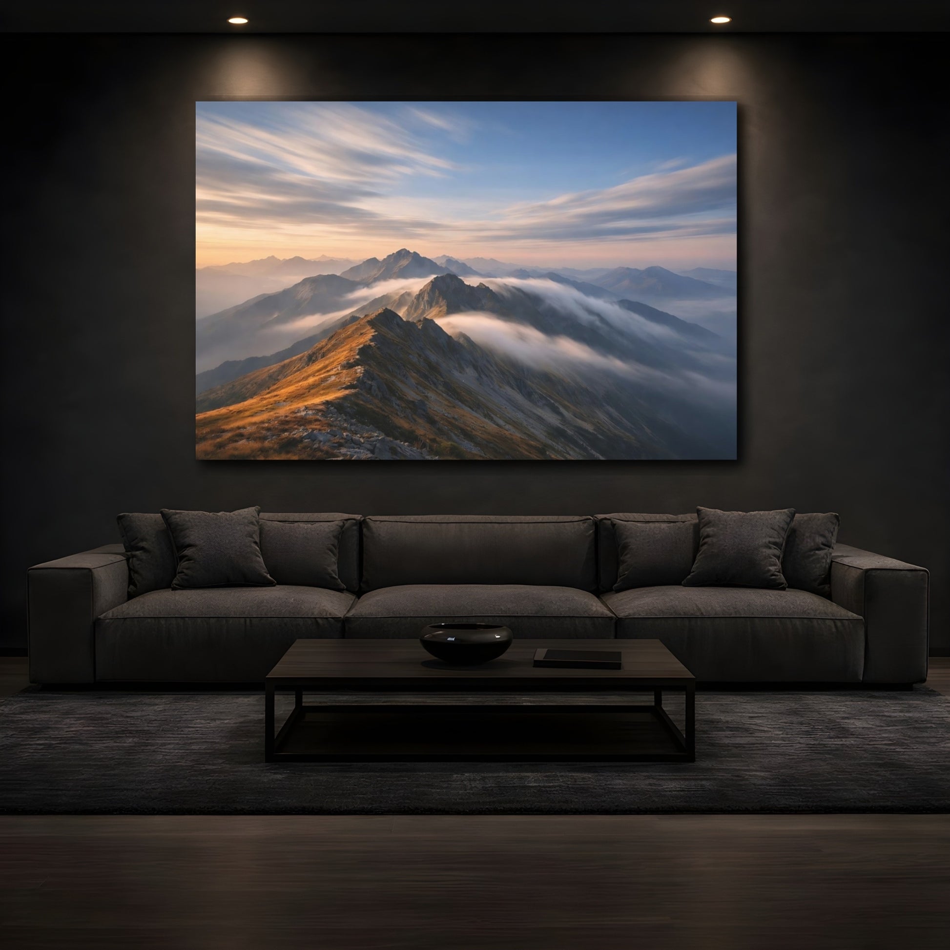 Mockup 4. Nature Mountain Range Orange And Blue Mountains shown as stretched canvas wall art