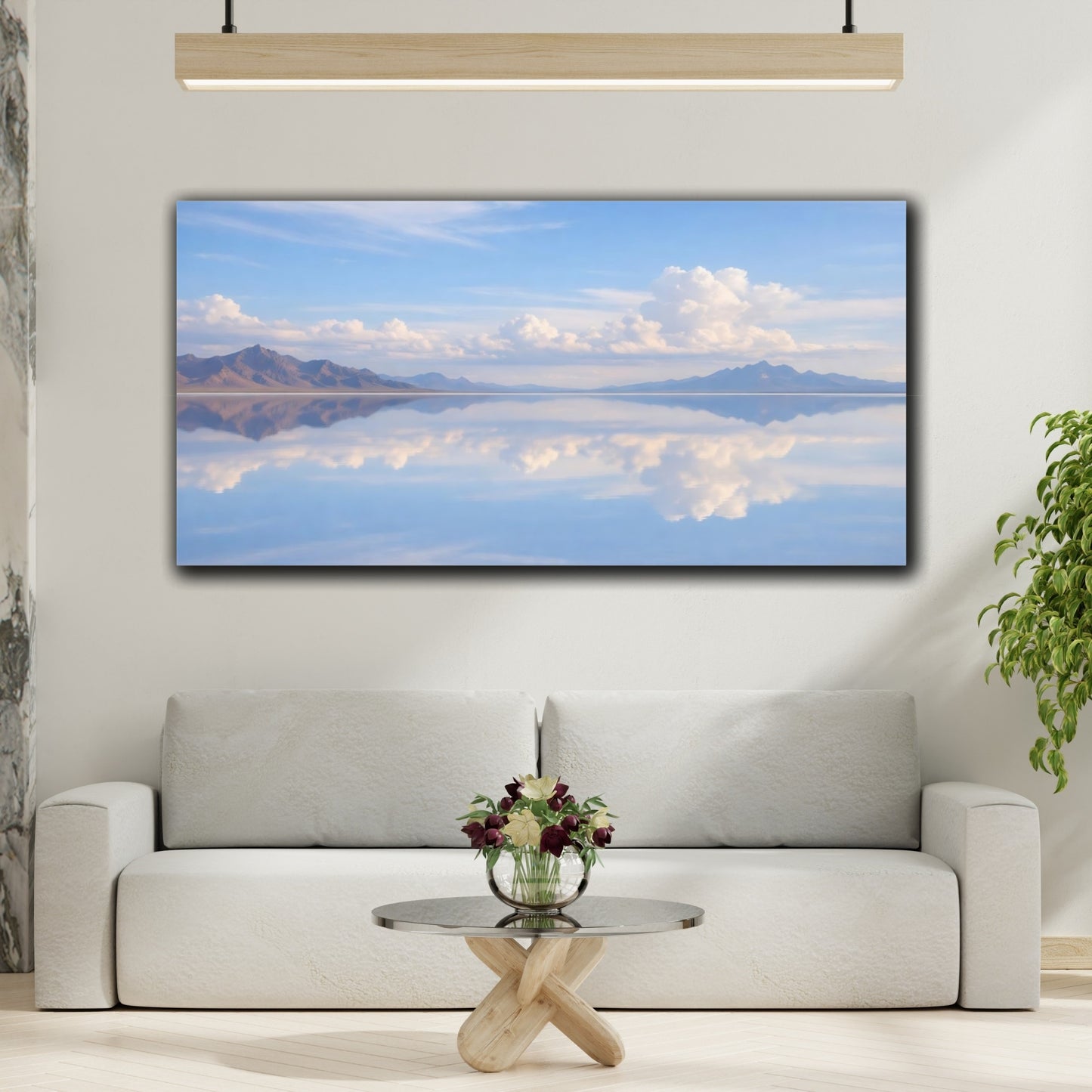 Mockup 3. Nature Mountain Reflection Blue Mountain Reflection shown as stretched canvas wall art