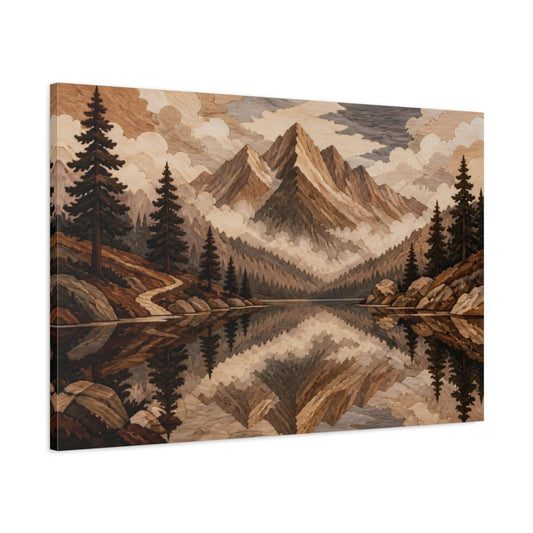 Nature Mountain Reflection Canvas Print – Living Room, Above Fireplace, Warm Wood Tones - YesArtYes