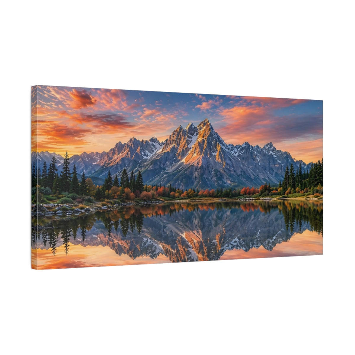 Side Mockup 1. Nature Mountain Reflection Orange Blue Mountains shown as stretched canvas wall art
