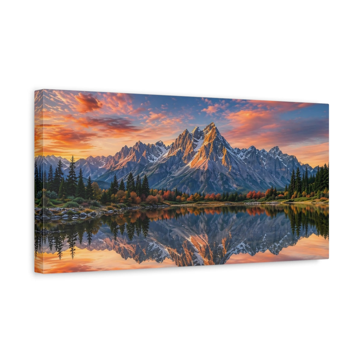 Side Mockup 3. Nature Mountain Reflection Orange Blue Mountains shown as stretched canvas wall art