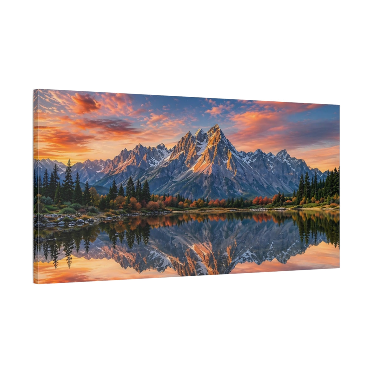 Main Mockup. Nature Mountain Reflection Orange Blue Mountains shown as stretched canvas wall art