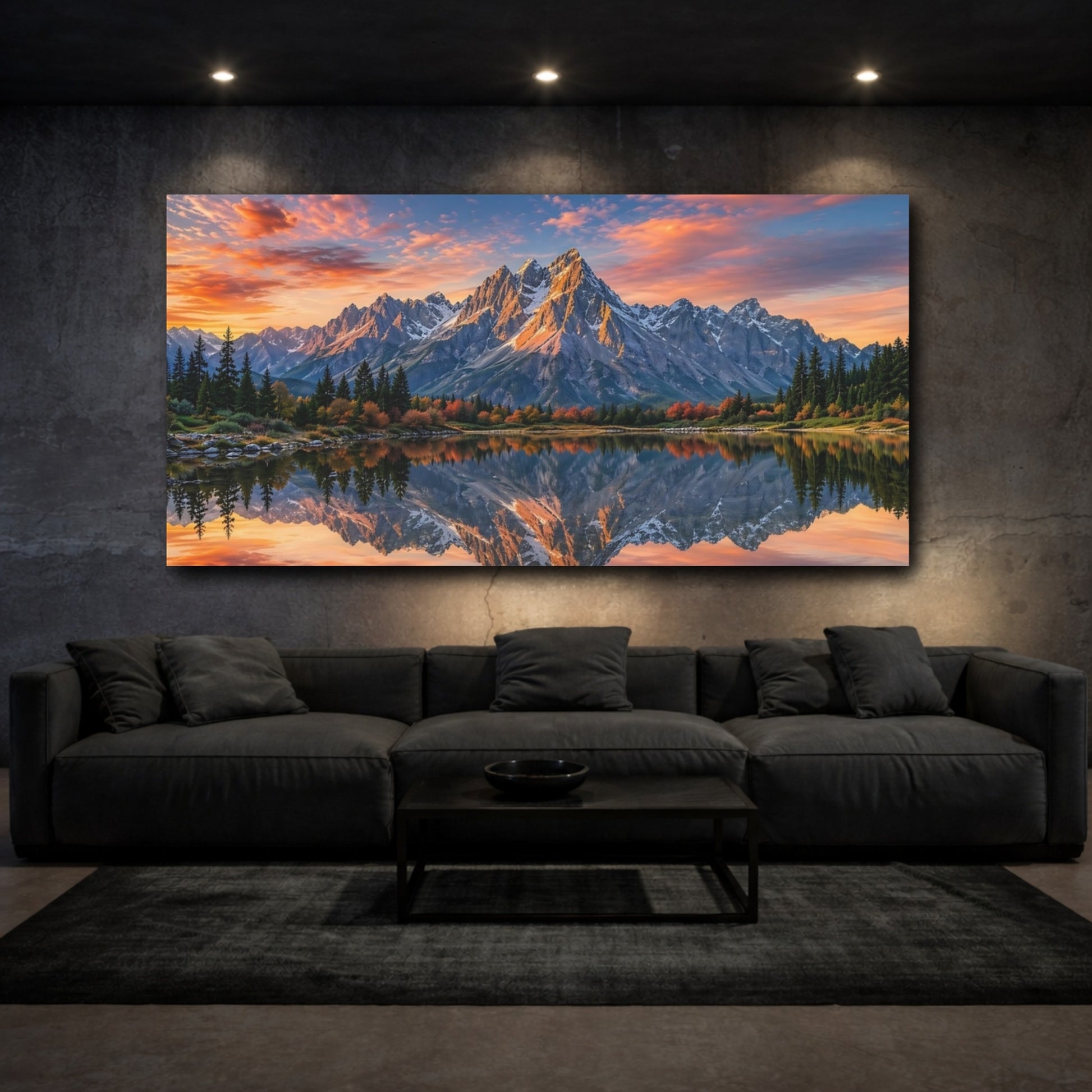 Mockup 2. Nature Mountain Reflection Orange Blue Mountains shown as stretched canvas wall art