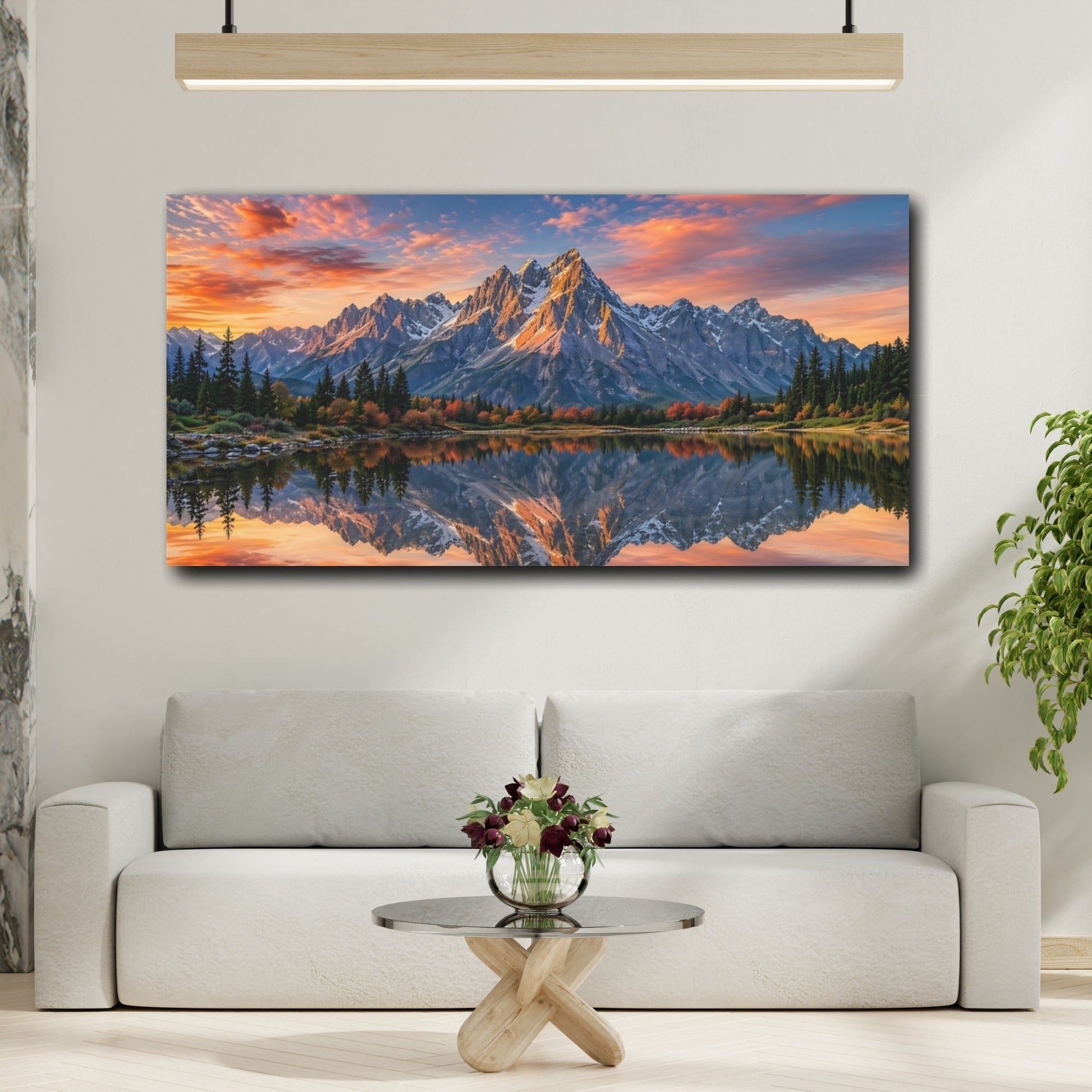 Mockup 3. Nature Mountain Reflection Orange Blue Mountains shown as stretched canvas wall art