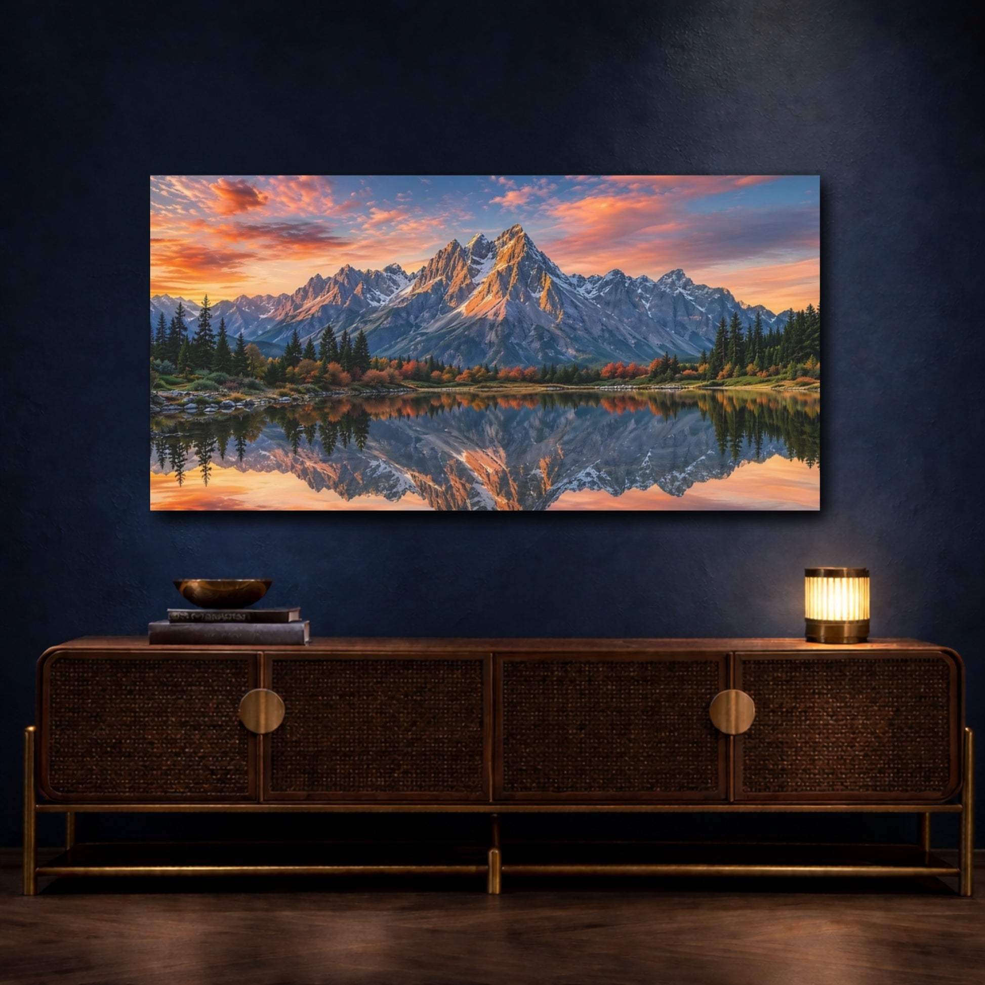 Mockup 4. Nature Mountain Reflection Orange Blue Mountains shown as stretched canvas wall art