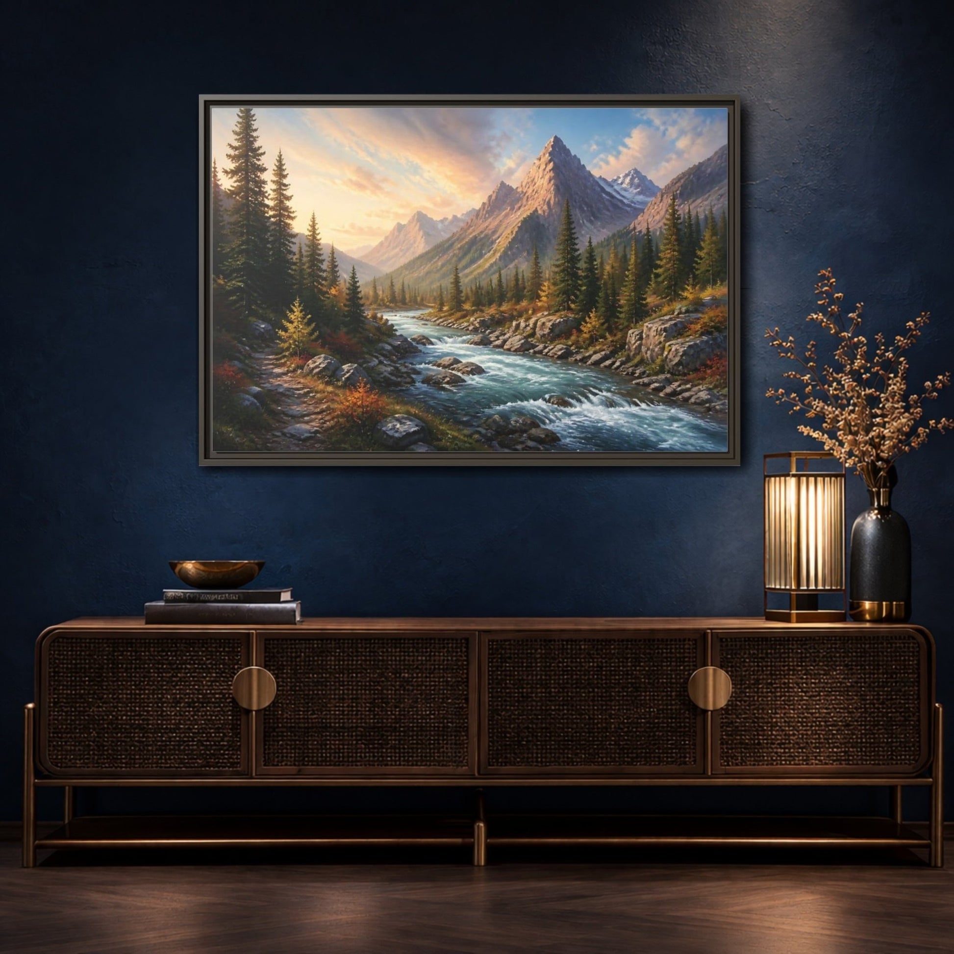 Nature Mountain River Autumn Framed Canvas Wall Art Print – Realistic Living Room, Above Console Table - YesArtYes