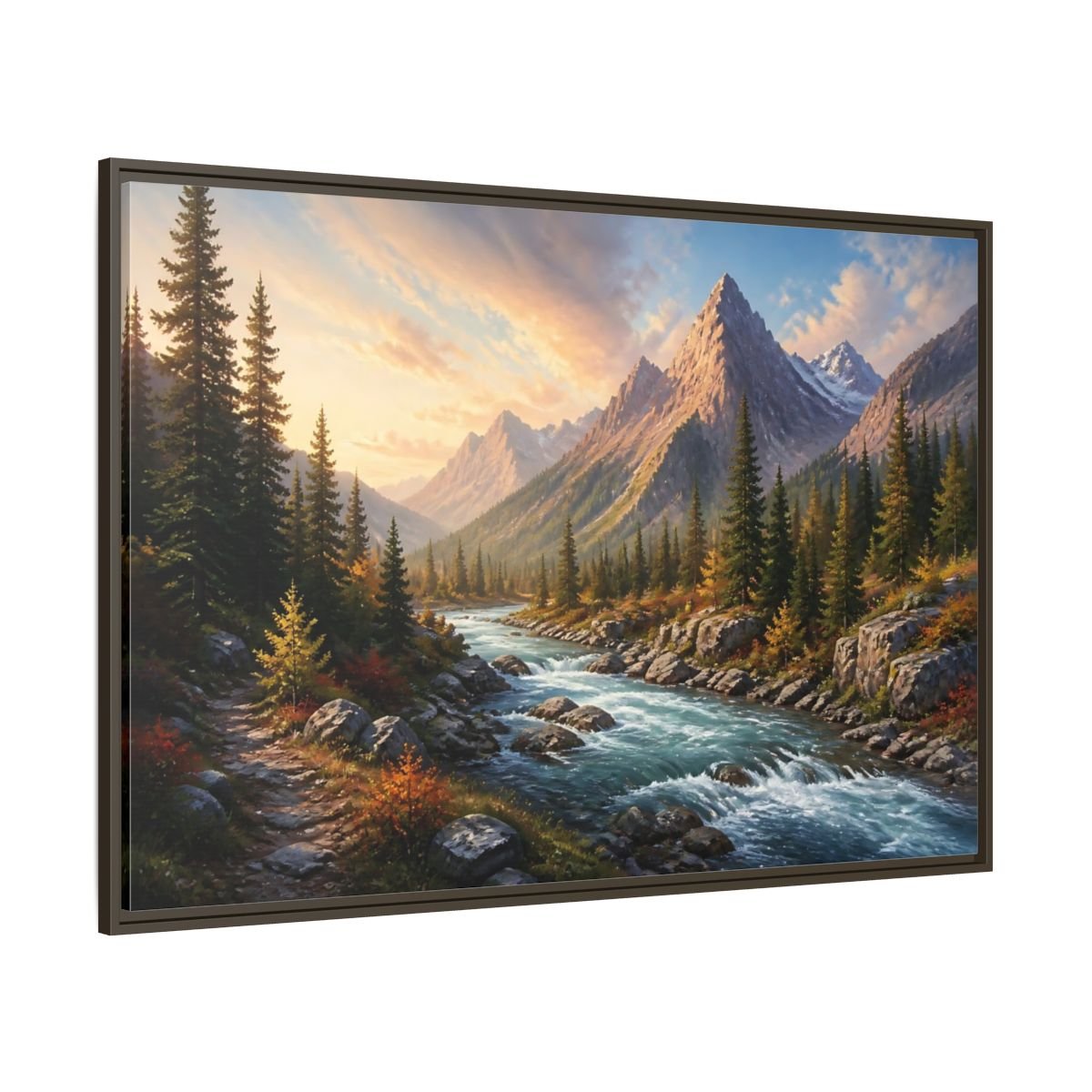 Nature Mountain River Autumn Framed Canvas Wall Art Print – Realistic Living Room, Above Console Table - YesArtYes