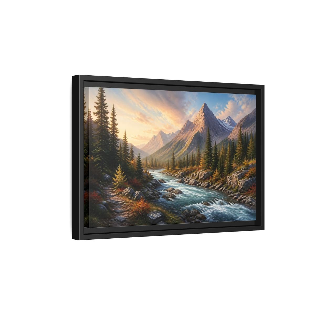 Nature Mountain River Autumn Framed Canvas Wall Art Print – Realistic Living Room, Above Console Table - YesArtYes