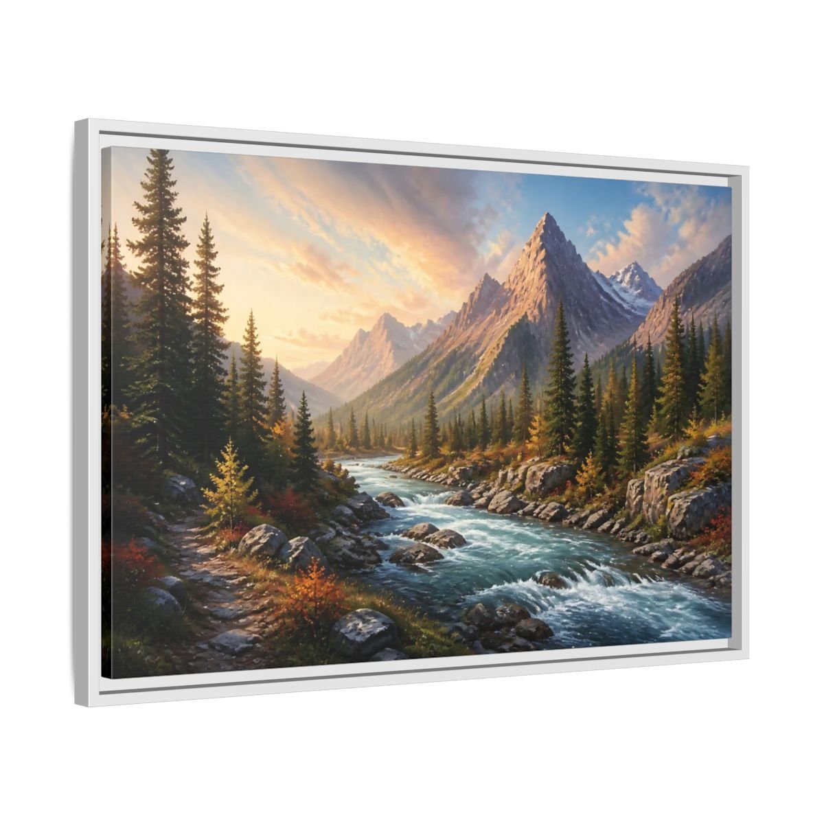 Nature Mountain River Autumn Framed Canvas Wall Art Print – Realistic Living Room, Above Console Table - YesArtYes