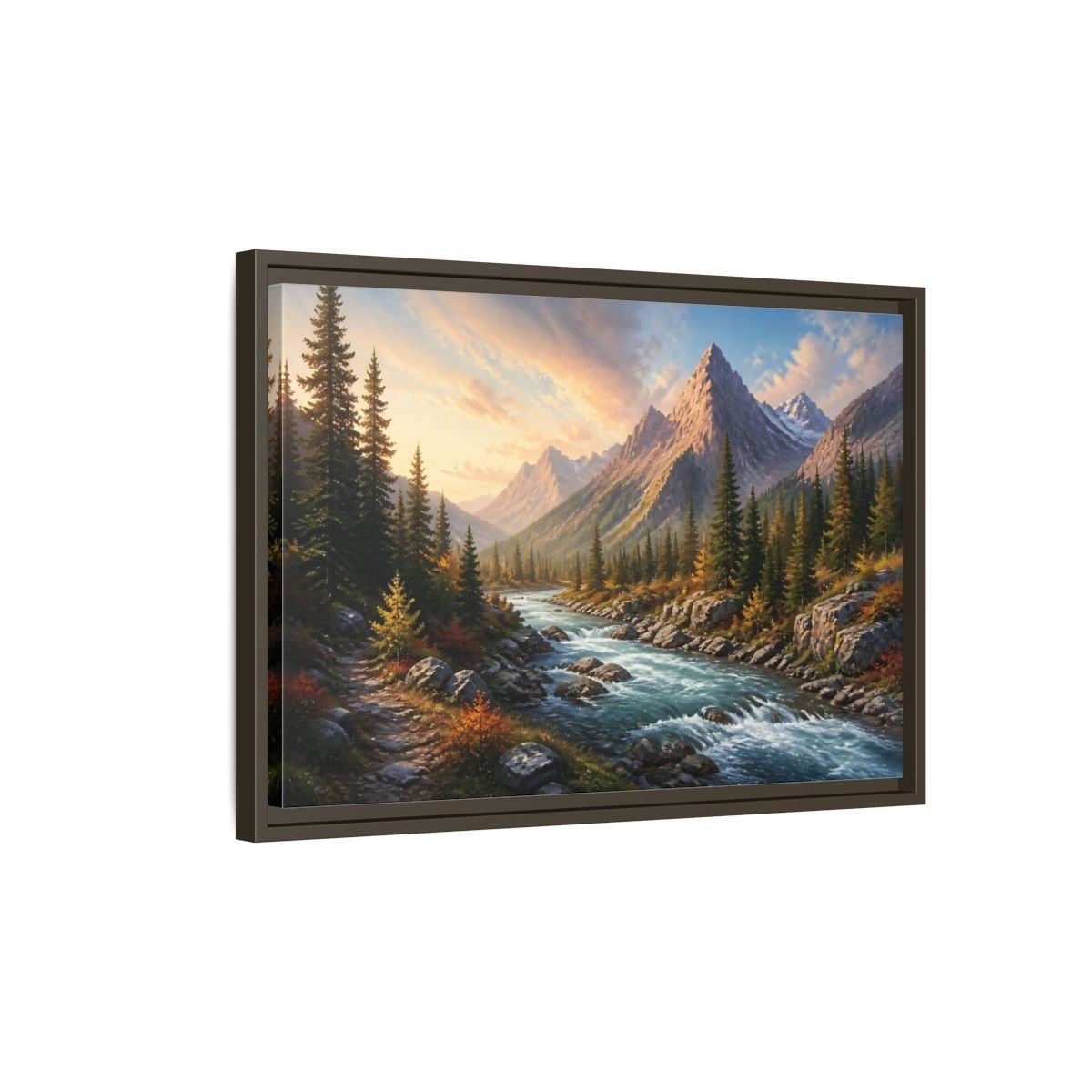 Nature Mountain River Autumn Framed Canvas Wall Art Print – Realistic Living Room, Above Console Table - YesArtYes