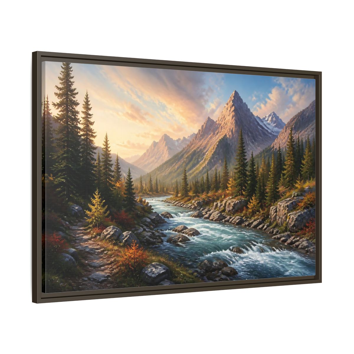 Nature Mountain River Autumn Framed Canvas Wall Art Print – Realistic Living Room, Above Console Table - YesArtYes