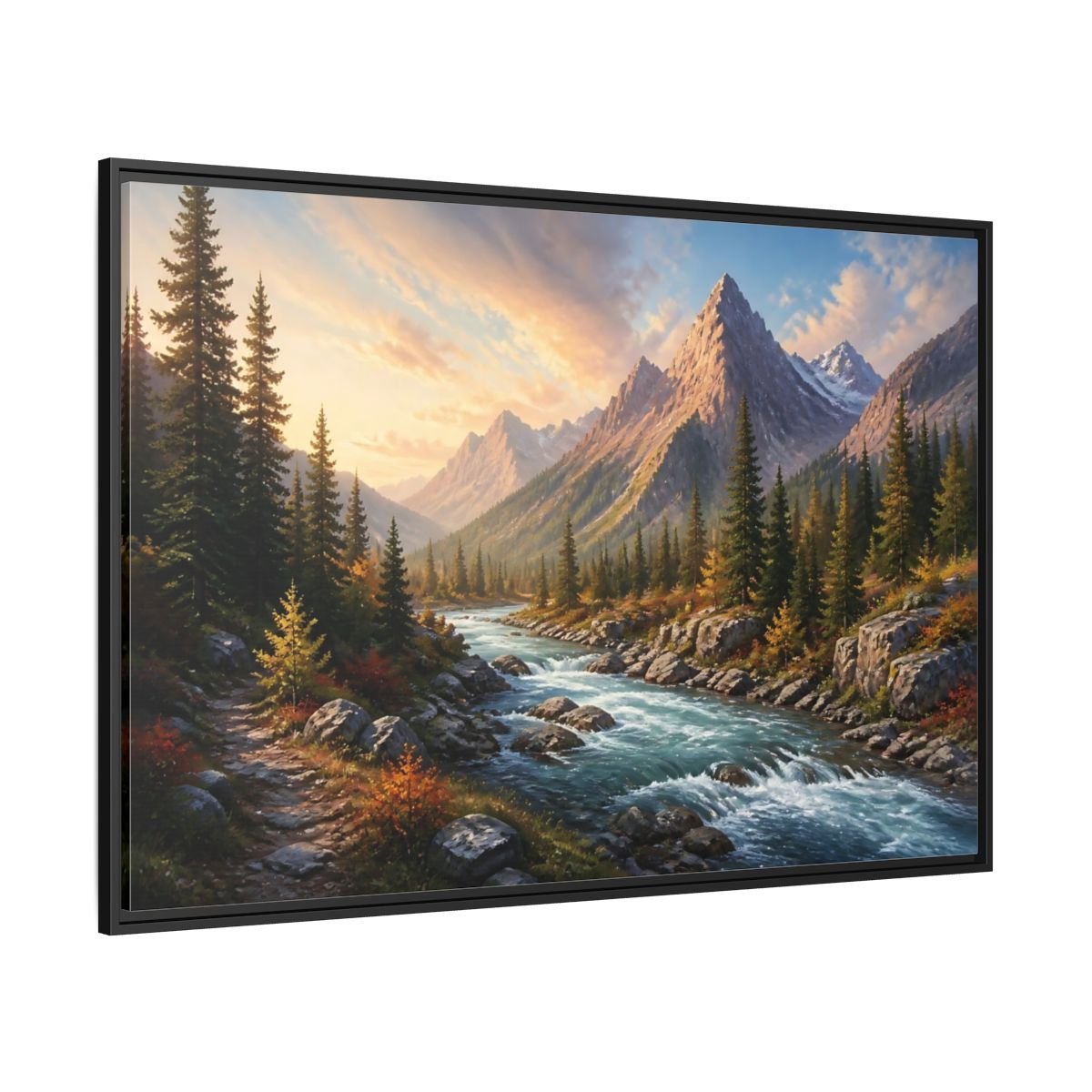 Nature Mountain River Autumn Framed Canvas Wall Art Print – Realistic Living Room, Above Console Table - YesArtYes